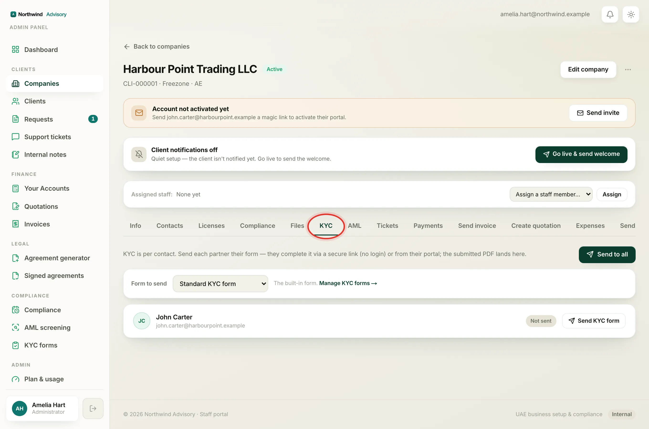 A company page with the "KYC" tab circled, and the form picker and contact list below it