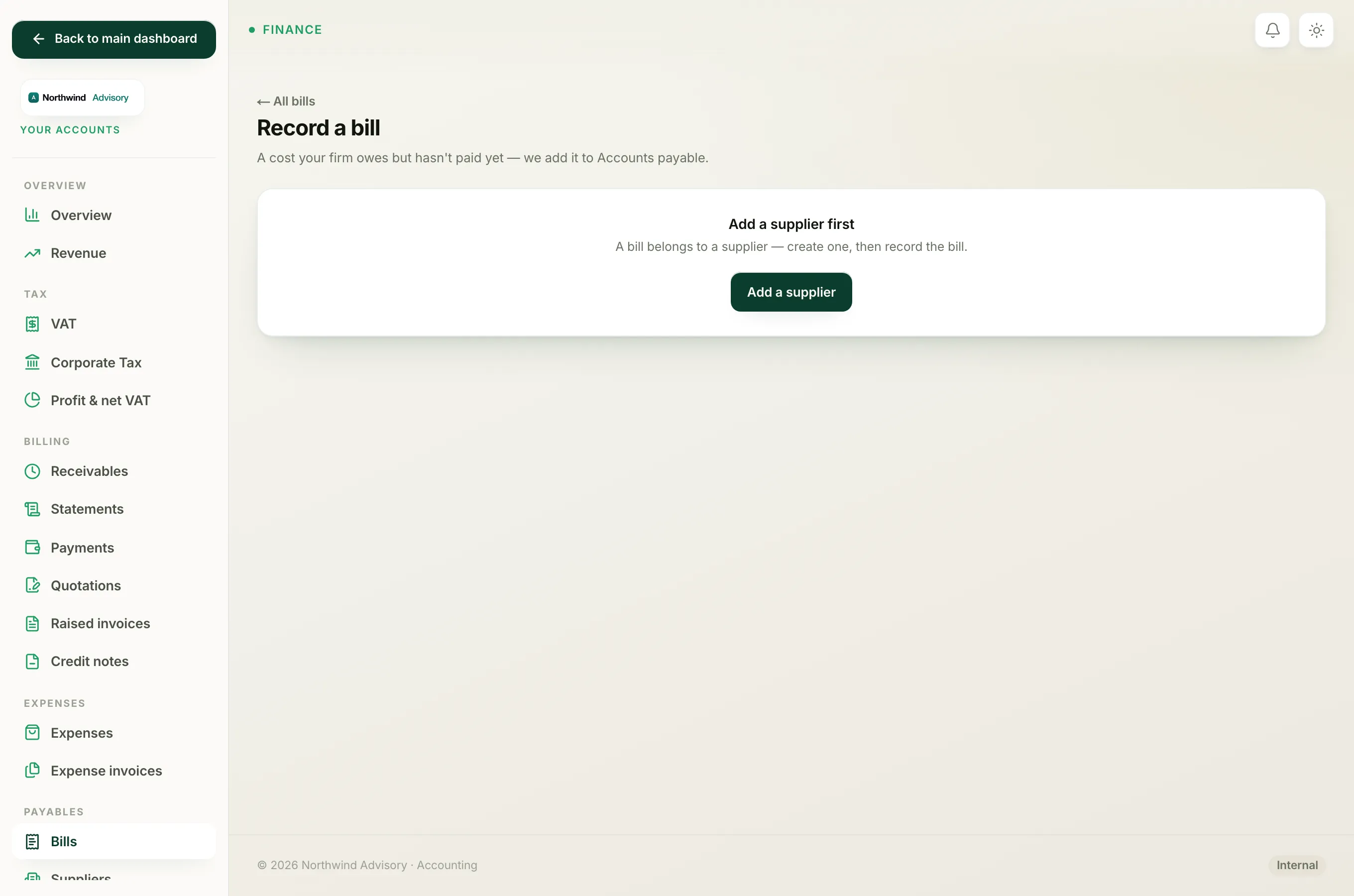 The Record a bill form with the For which client dropdown to tag the cost to a company.
