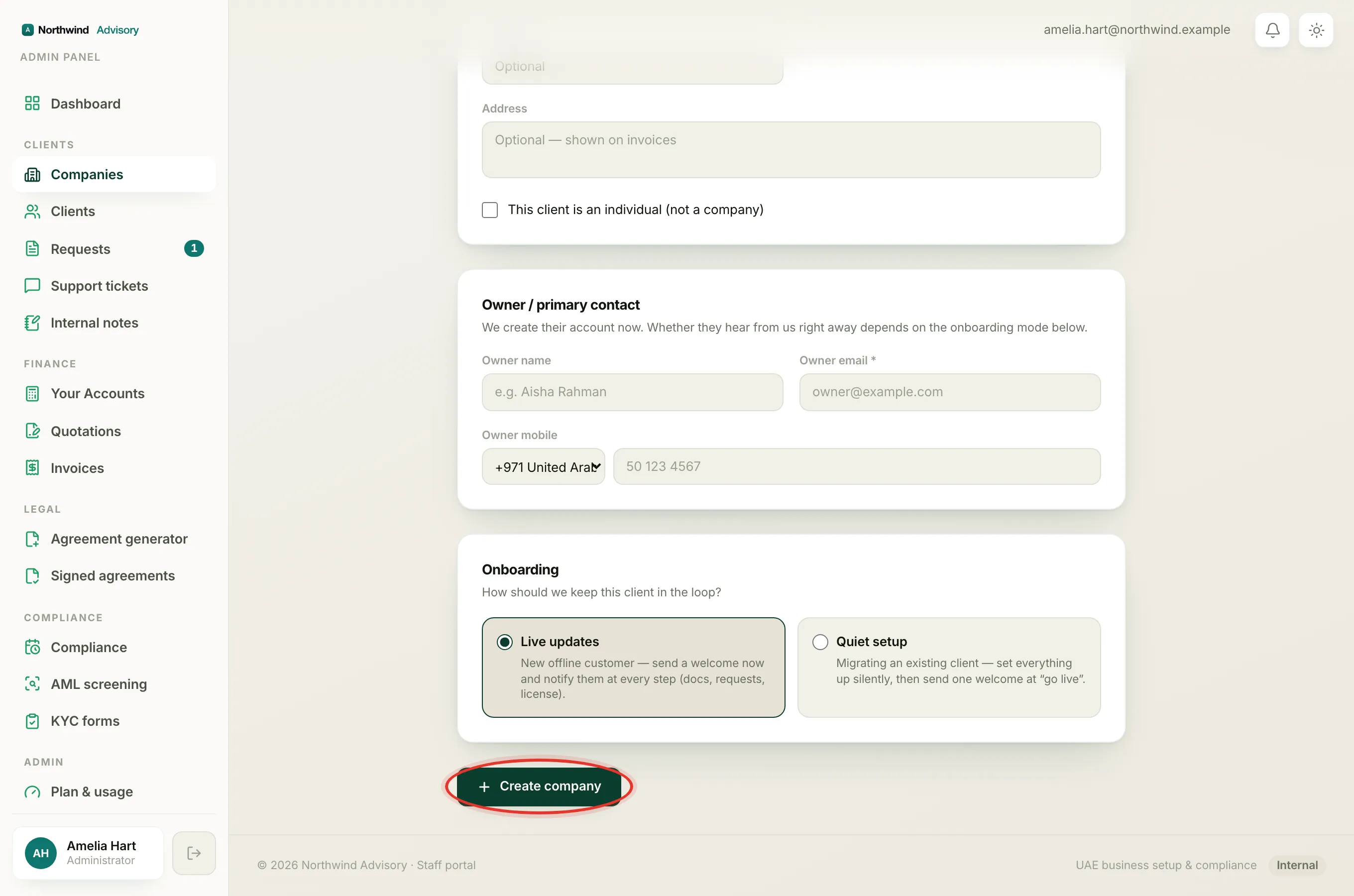 The Add a company form with the Onboarding section for Live updates or Quiet setup.
