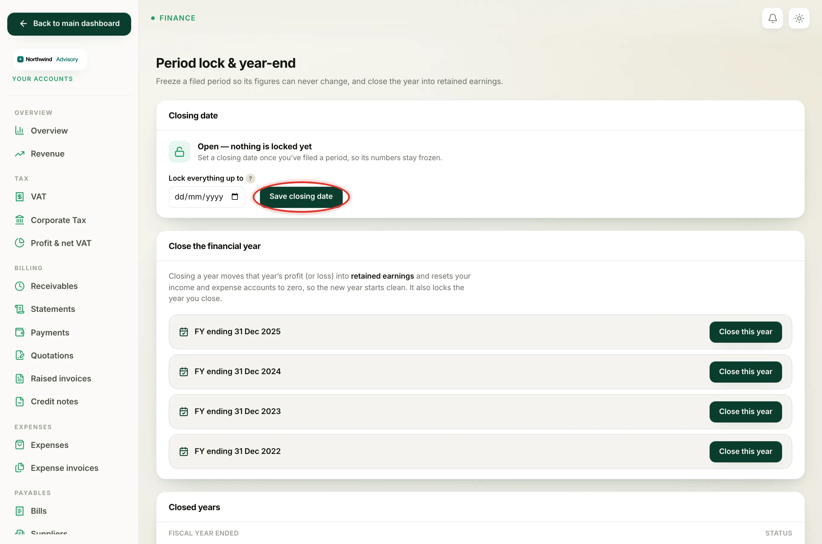 The closing date panel where you pick the last day of the filed period and save it.
