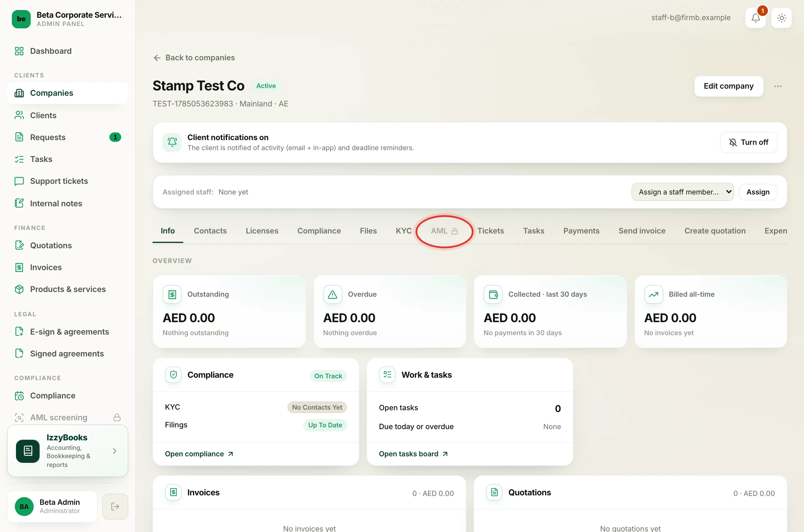 A company page where the Payments and KYC tabs show a small padlock because those modules are not in the plan.