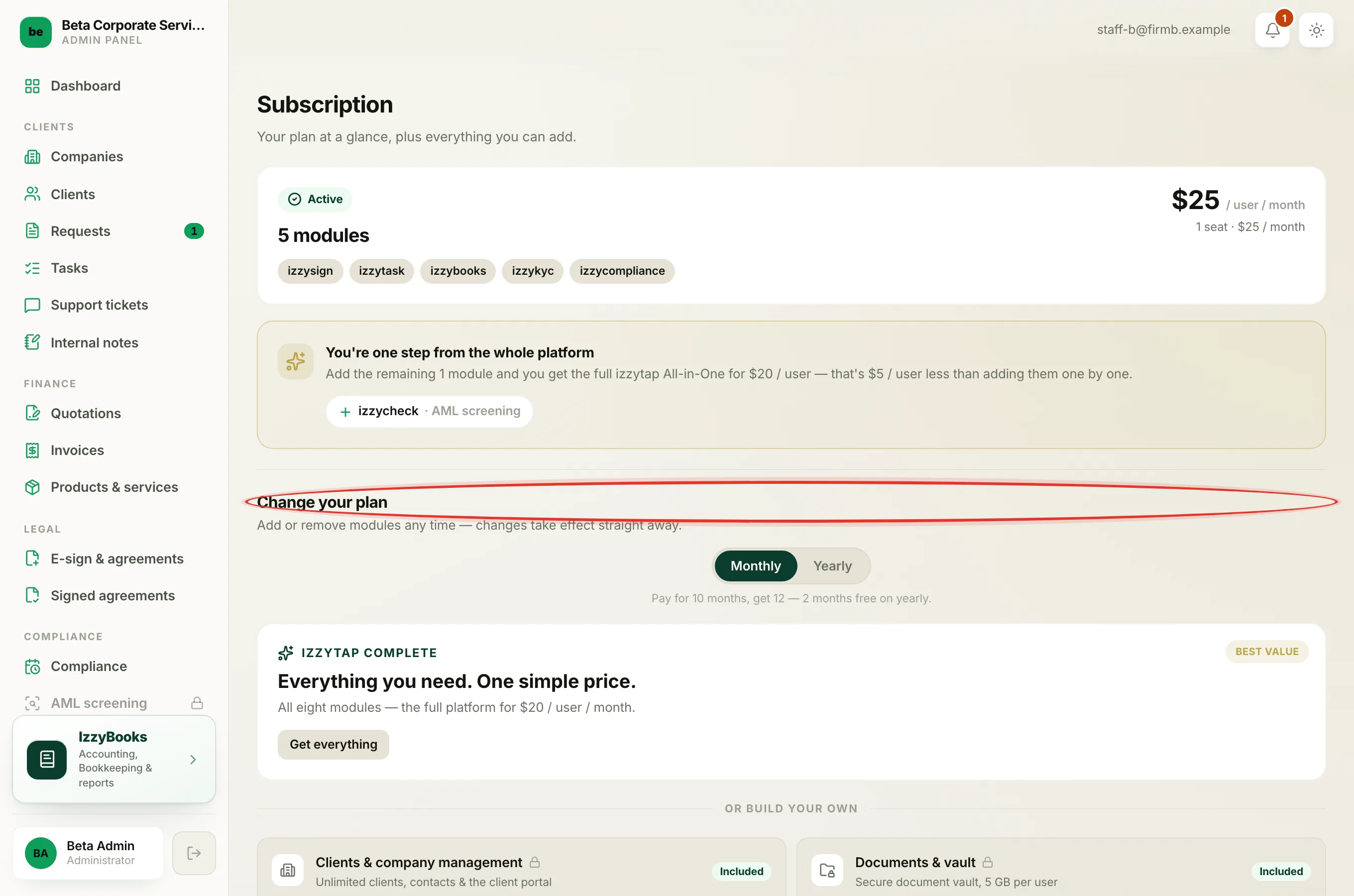 The Subscription page with the Change your plan builder, where you can add or remove any module.