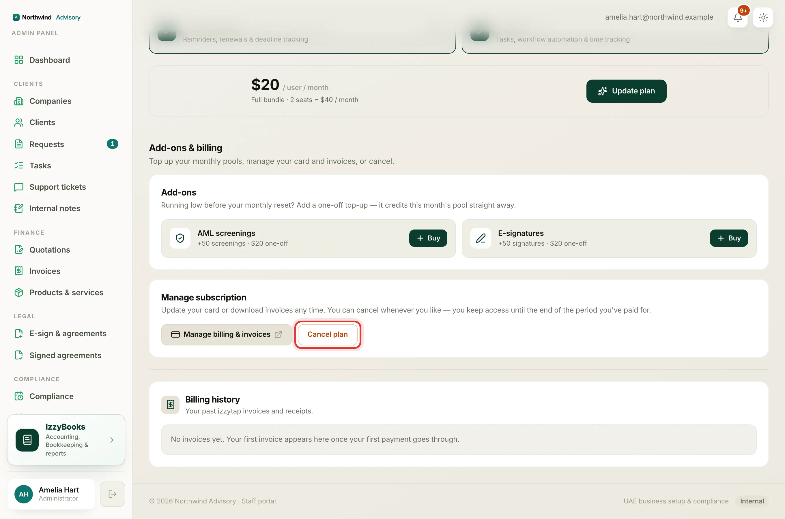 The Manage subscription controls on the Subscription page