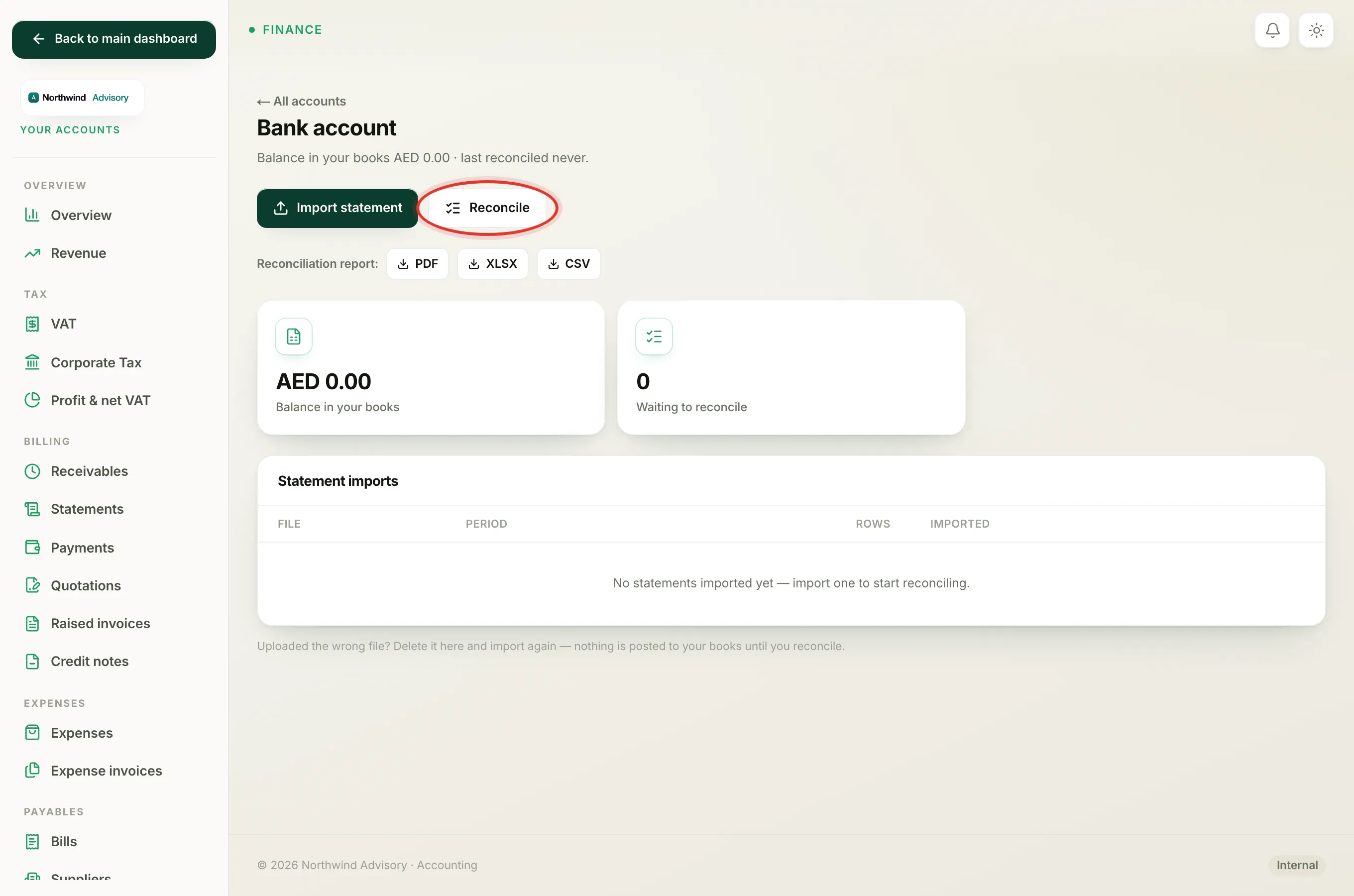 Open the account and click Reconcile to match or categorise each imported line.