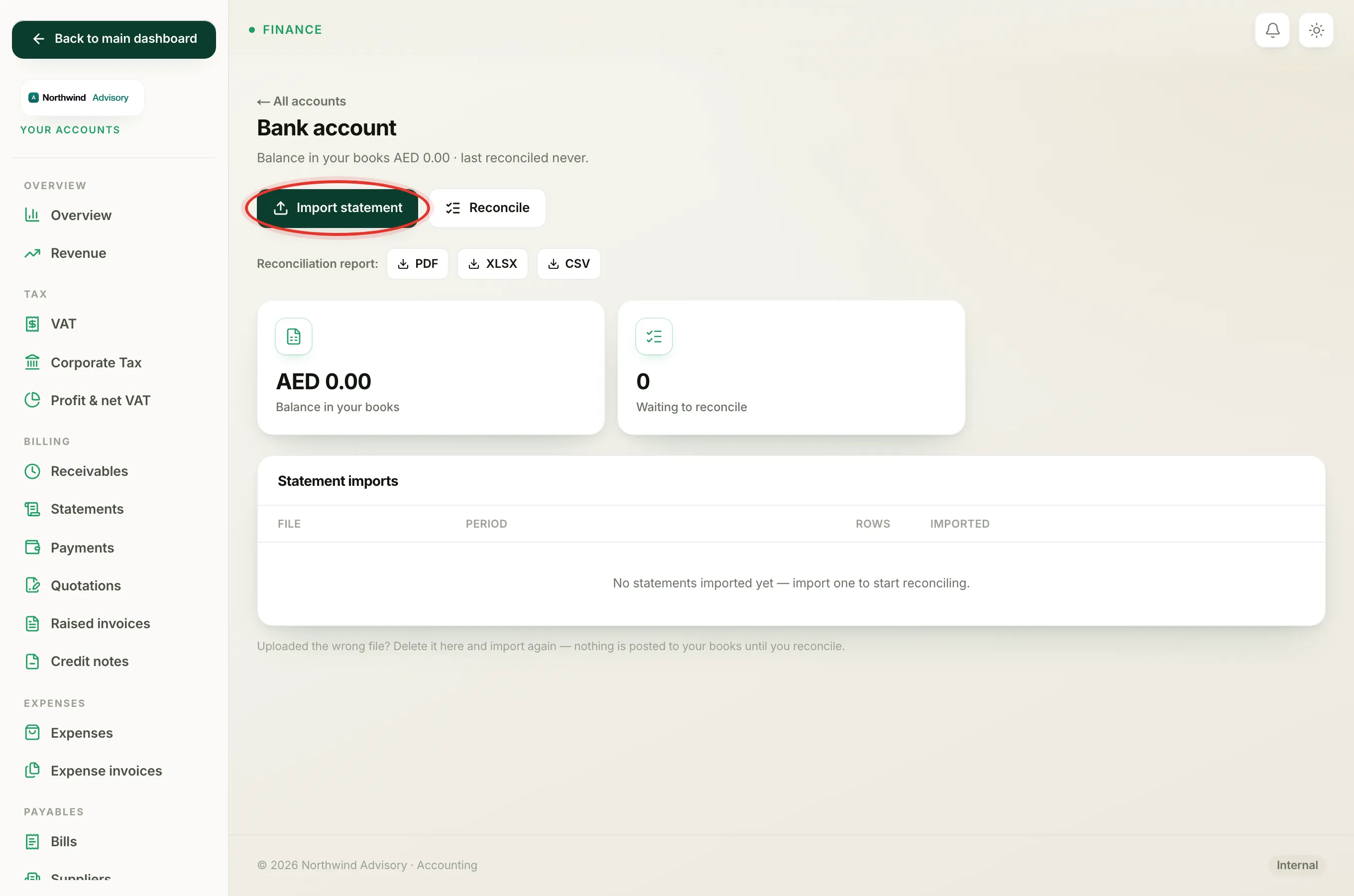 On the account page click Import statement, then choose your file and upload it to reach the map columns screen.