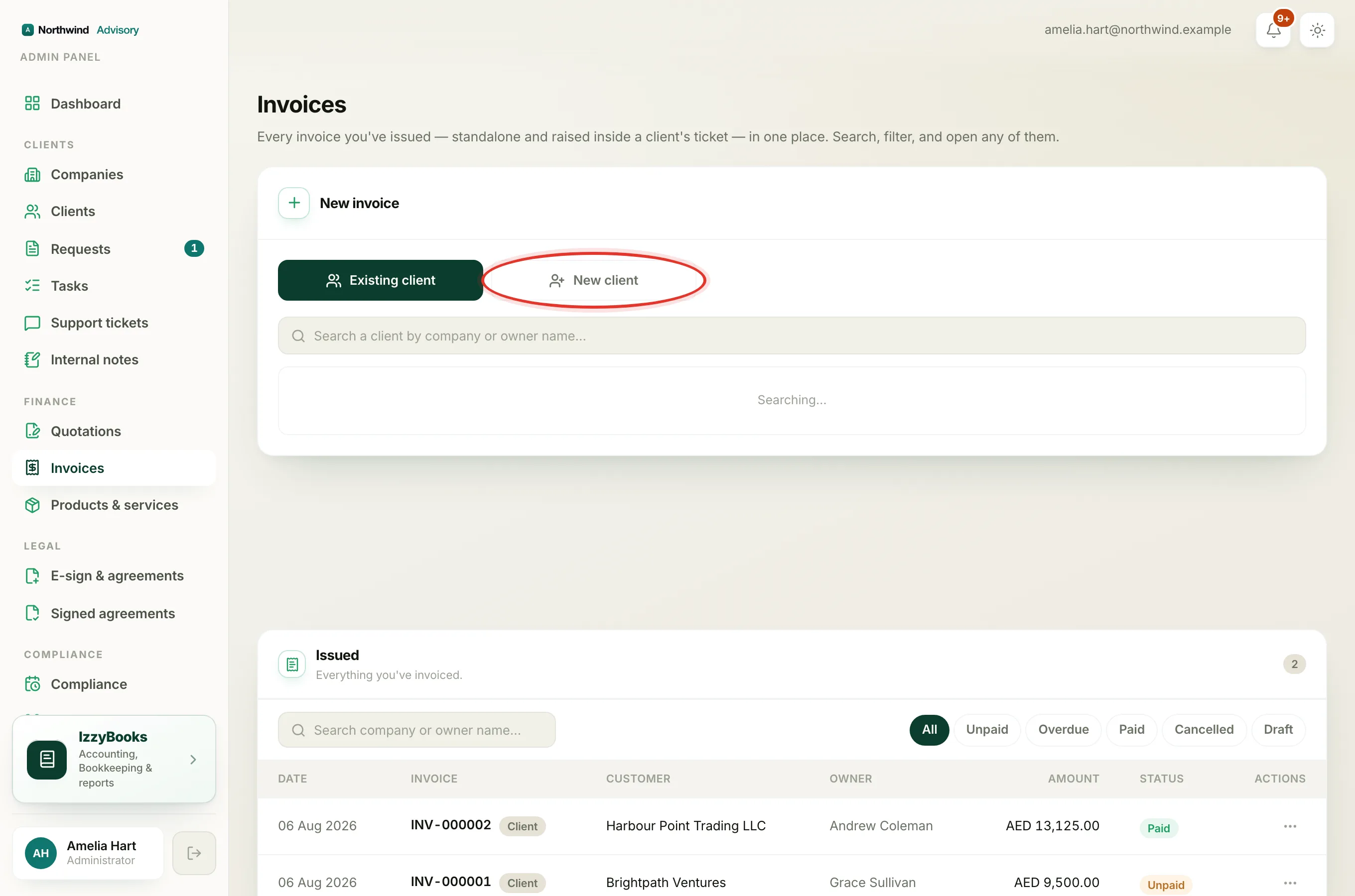 The chooser for an existing client or a new client