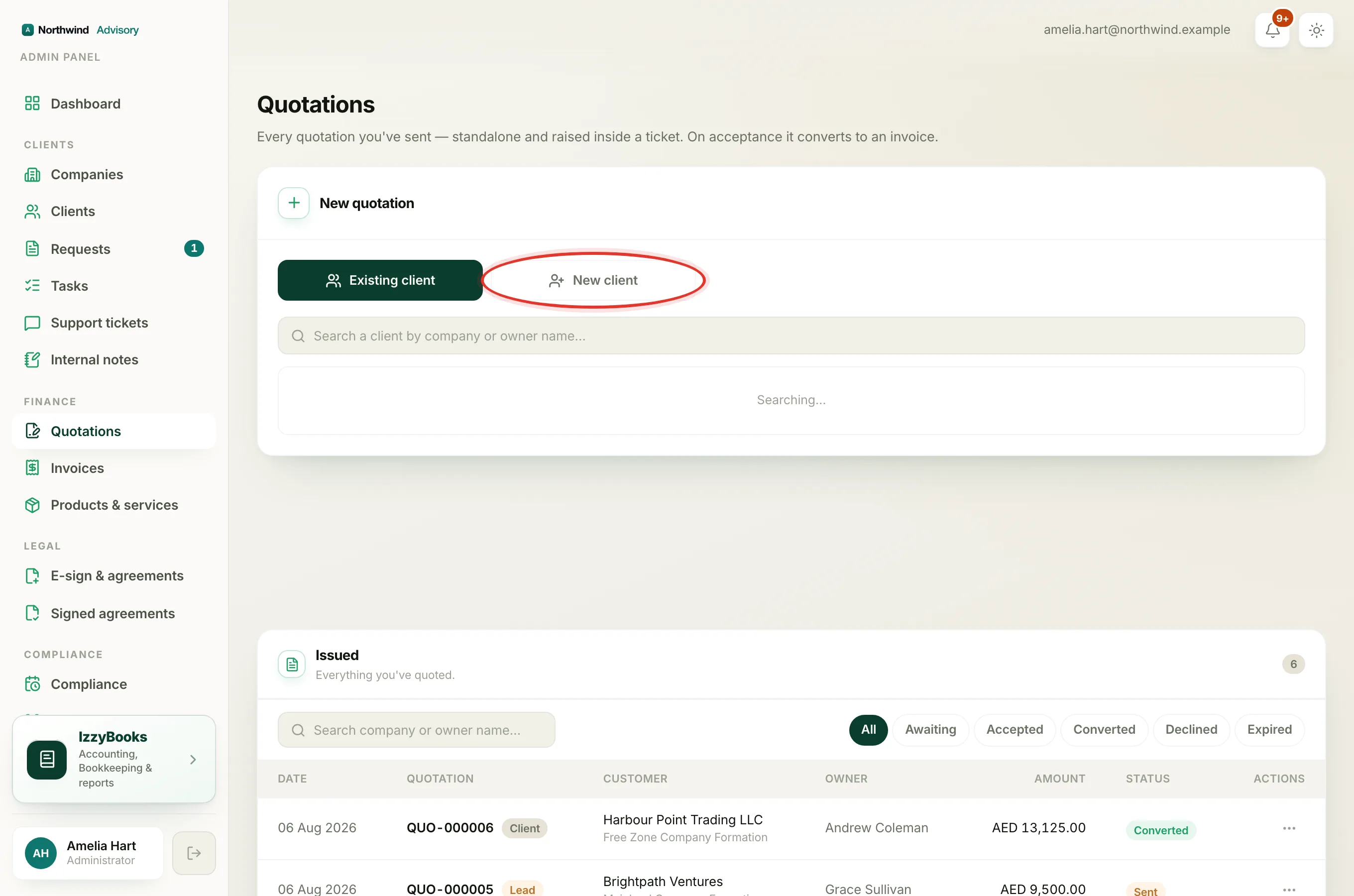 The chooser for an existing client or a new client