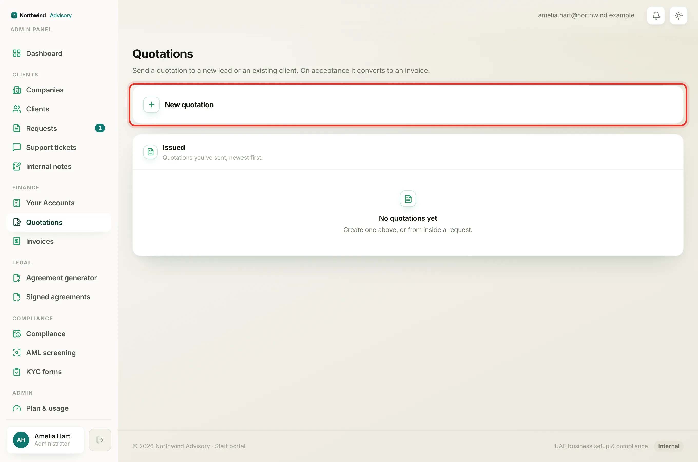The Quotations page. The "New quotation" opener is circled