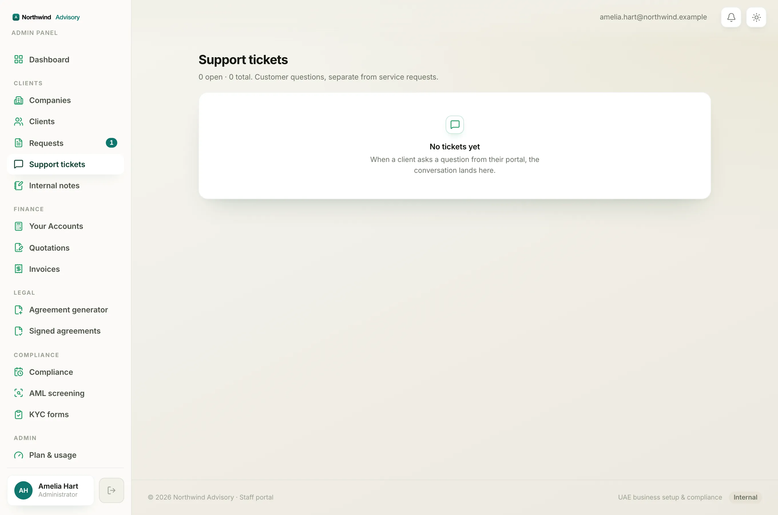 On your side, client tickets arrive in the Tickets list, each with an Open or Resolved status.