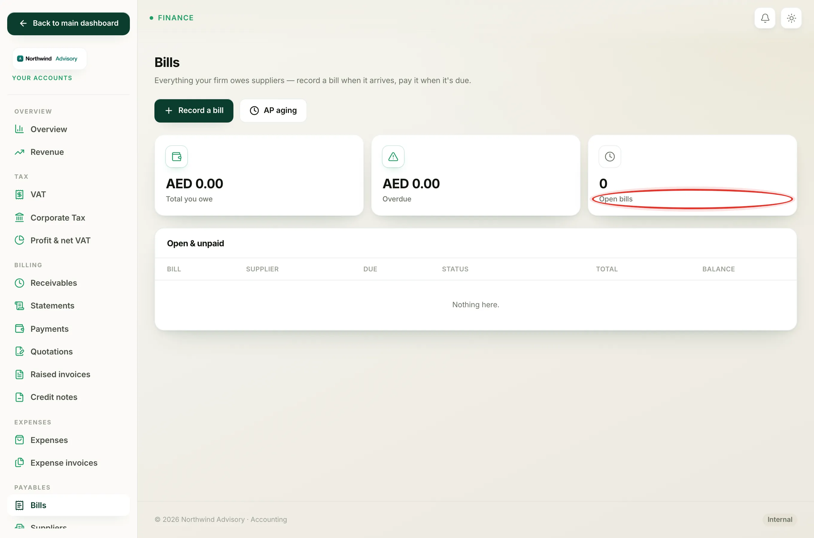 Finding the bill in the Open and unpaid list and clicking Open to record a part-payment.