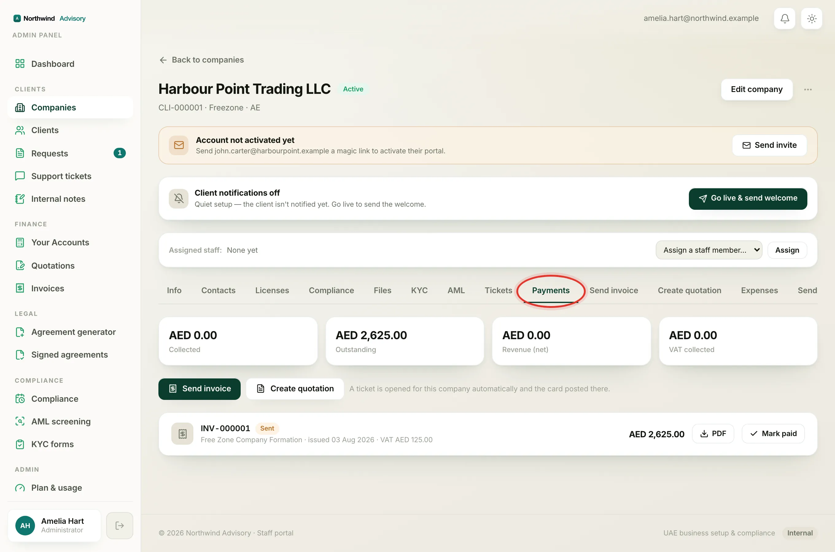 A company's Payments tab, where a paid invoice appears once the card payment is confirmed.
