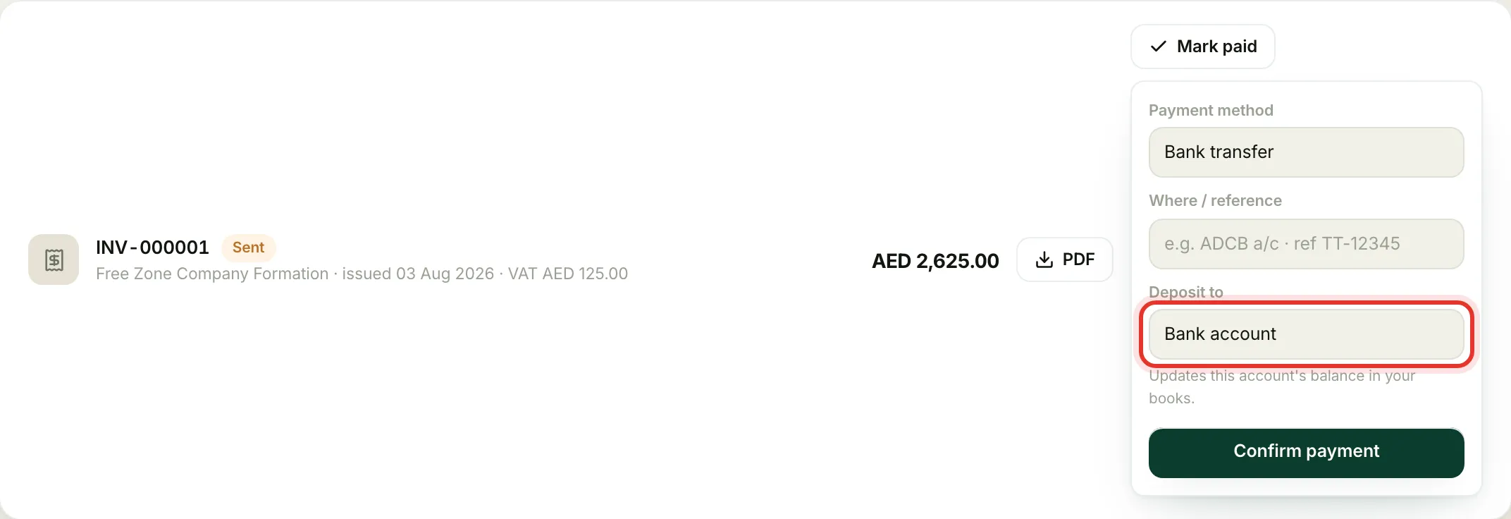 The Mark paid form with the payment method, reference, and the Deposit to bank picker