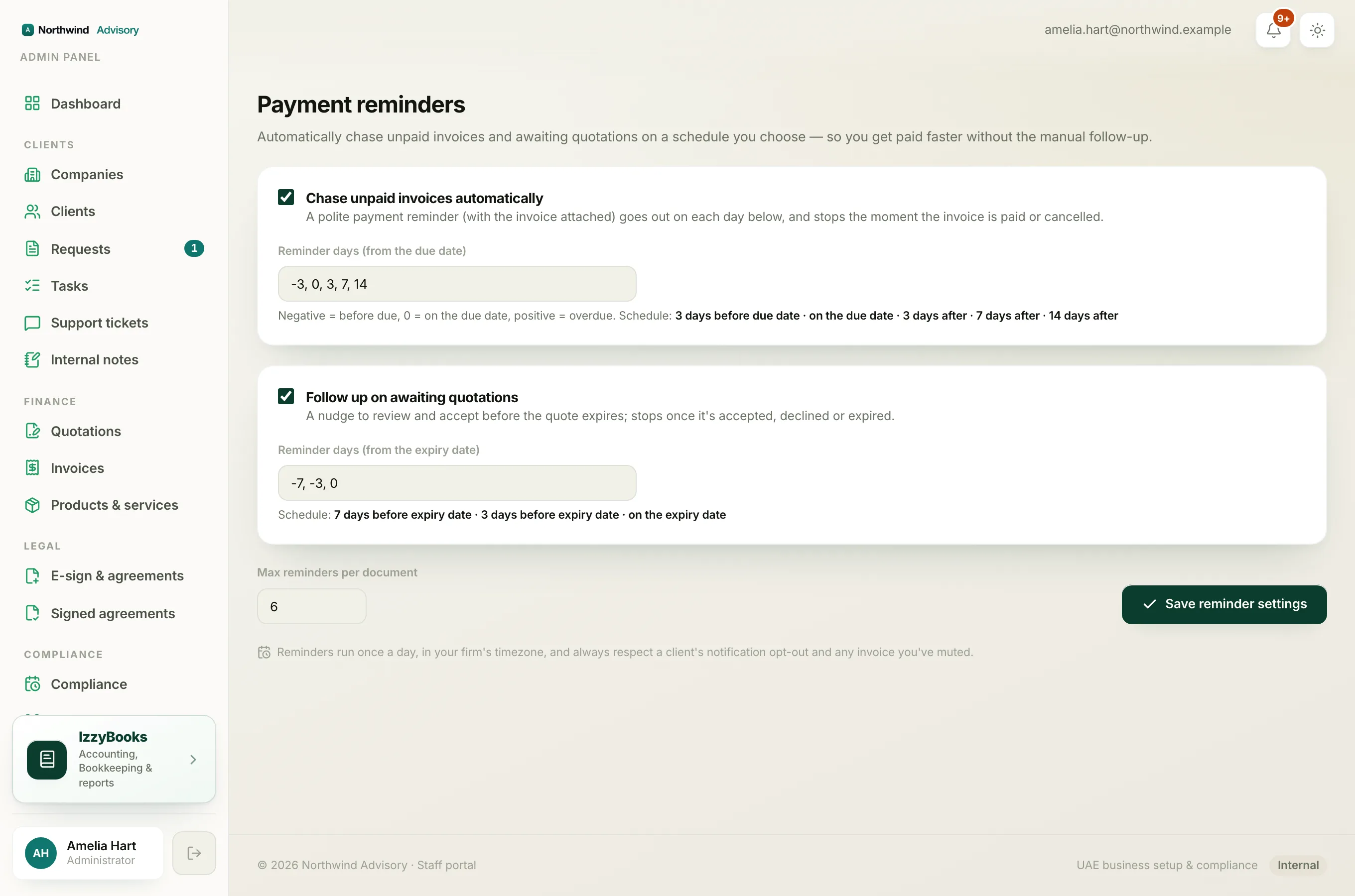 The Payment reminders settings with the automatic schedule