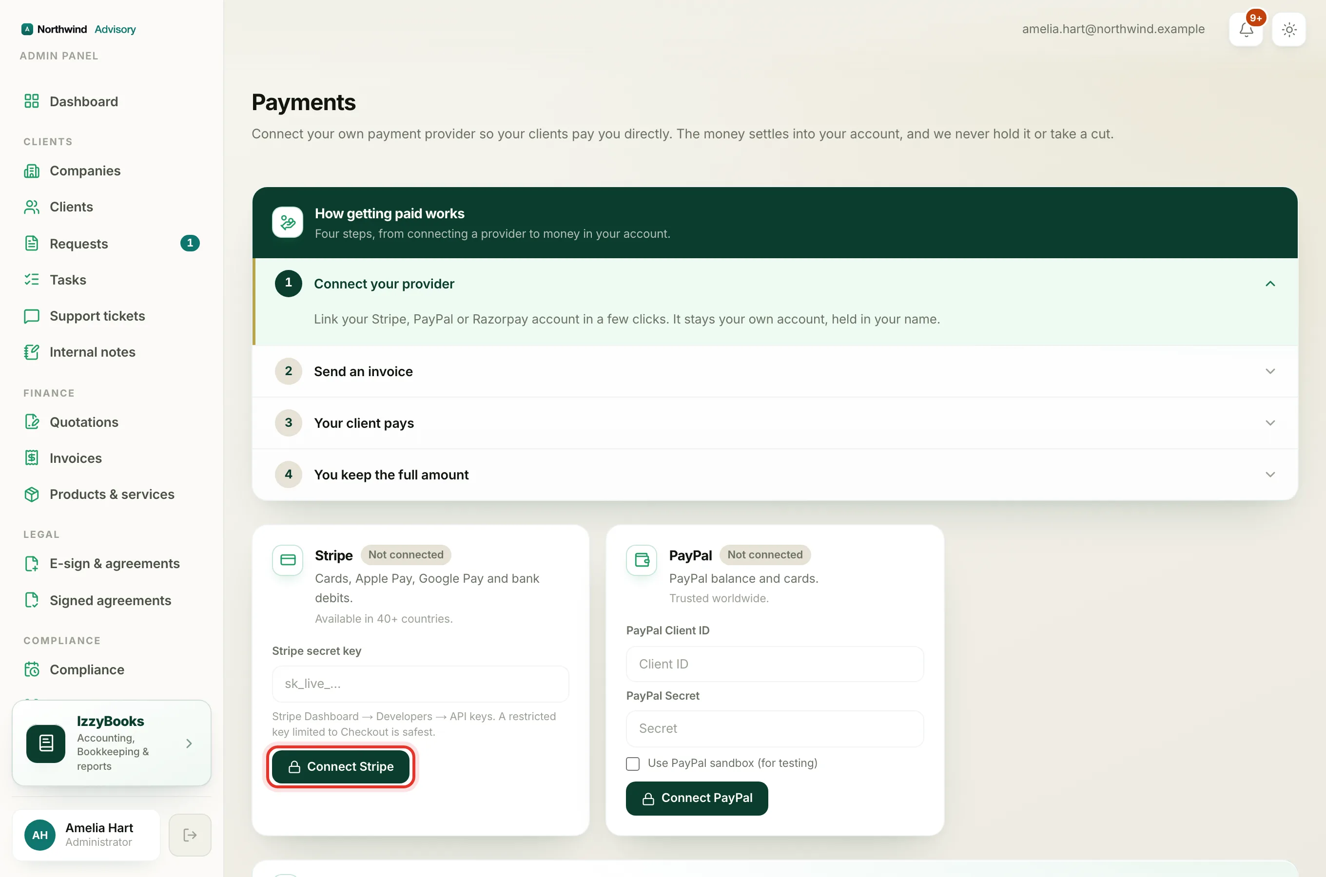 The Payments settings with the three providers to connect