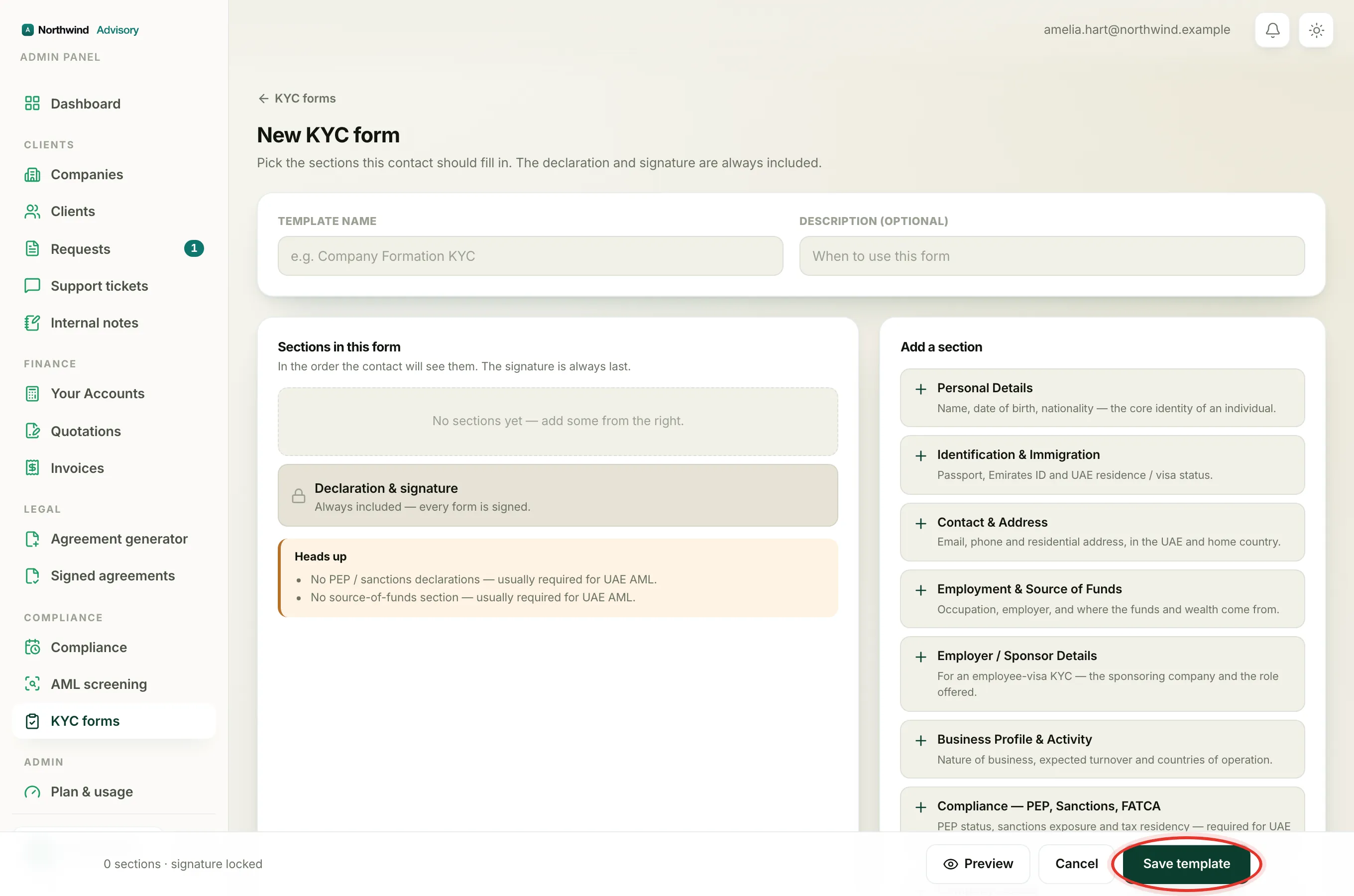 Save the form once the preview looks right, using Save template in the bottom bar.