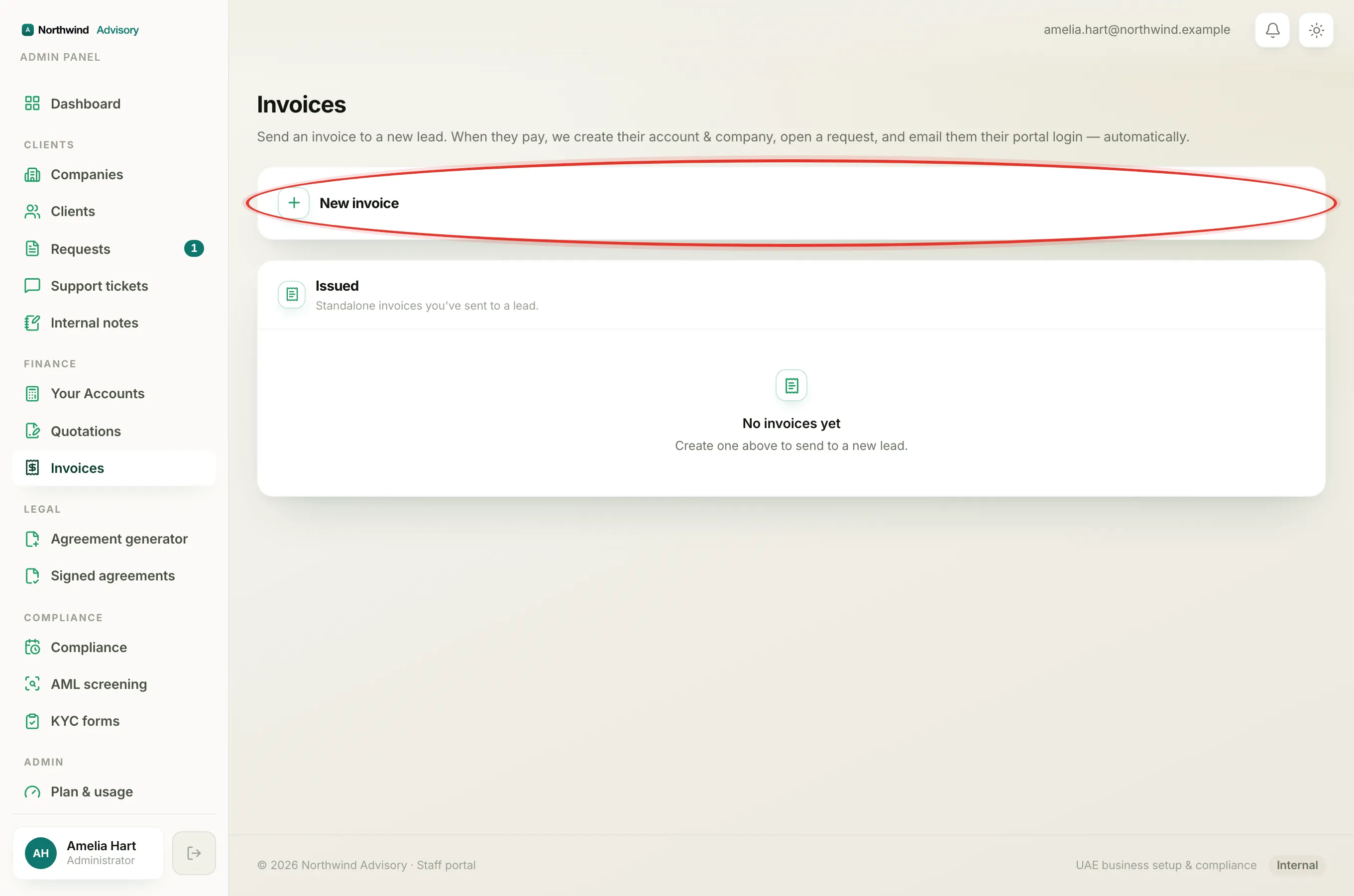 Start a new invoice from the Invoices page, then fill in the details before previewing.
