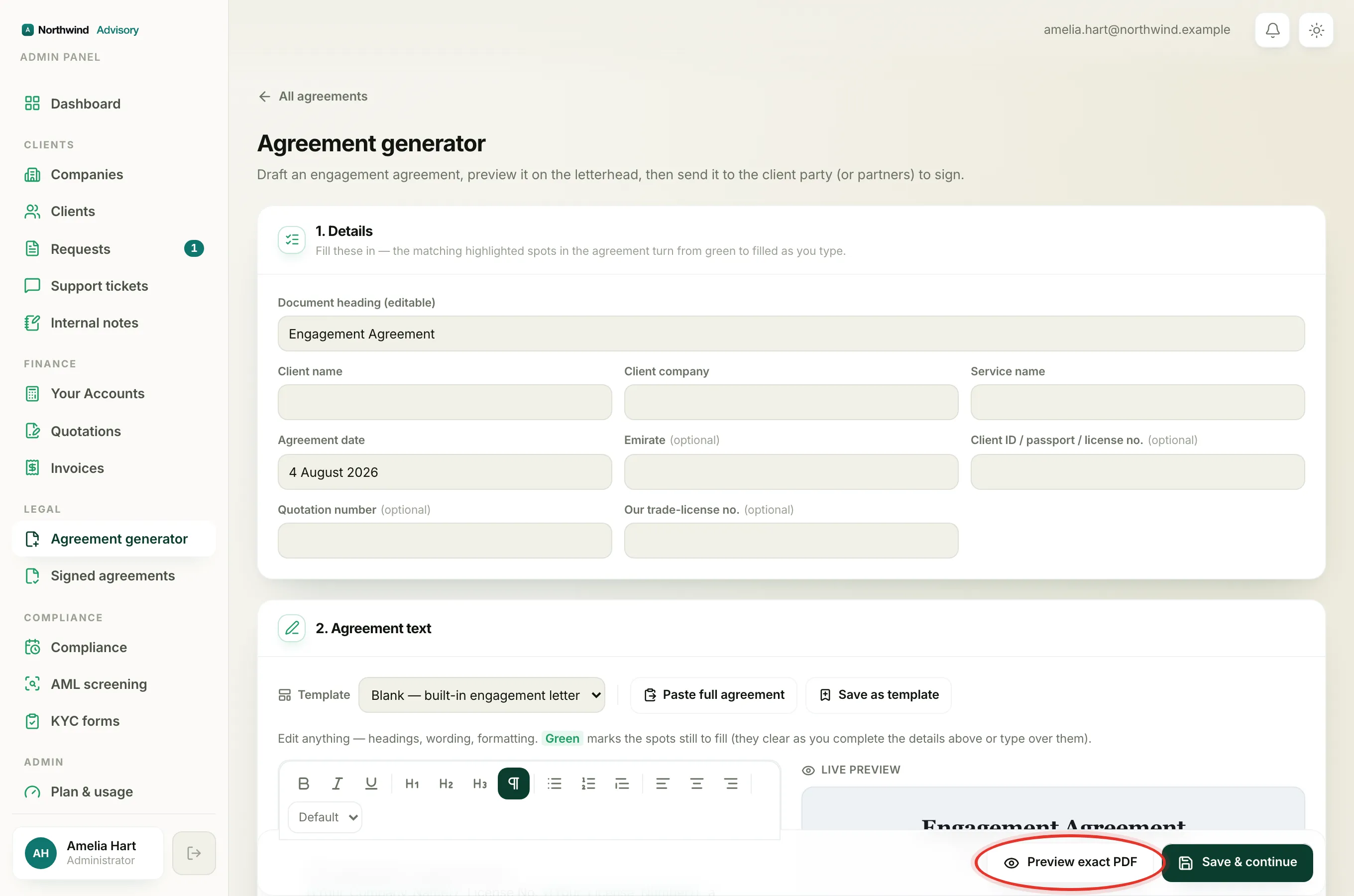 Click Preview exact PDF in the bottom action bar to build the real PDF on your letterhead.