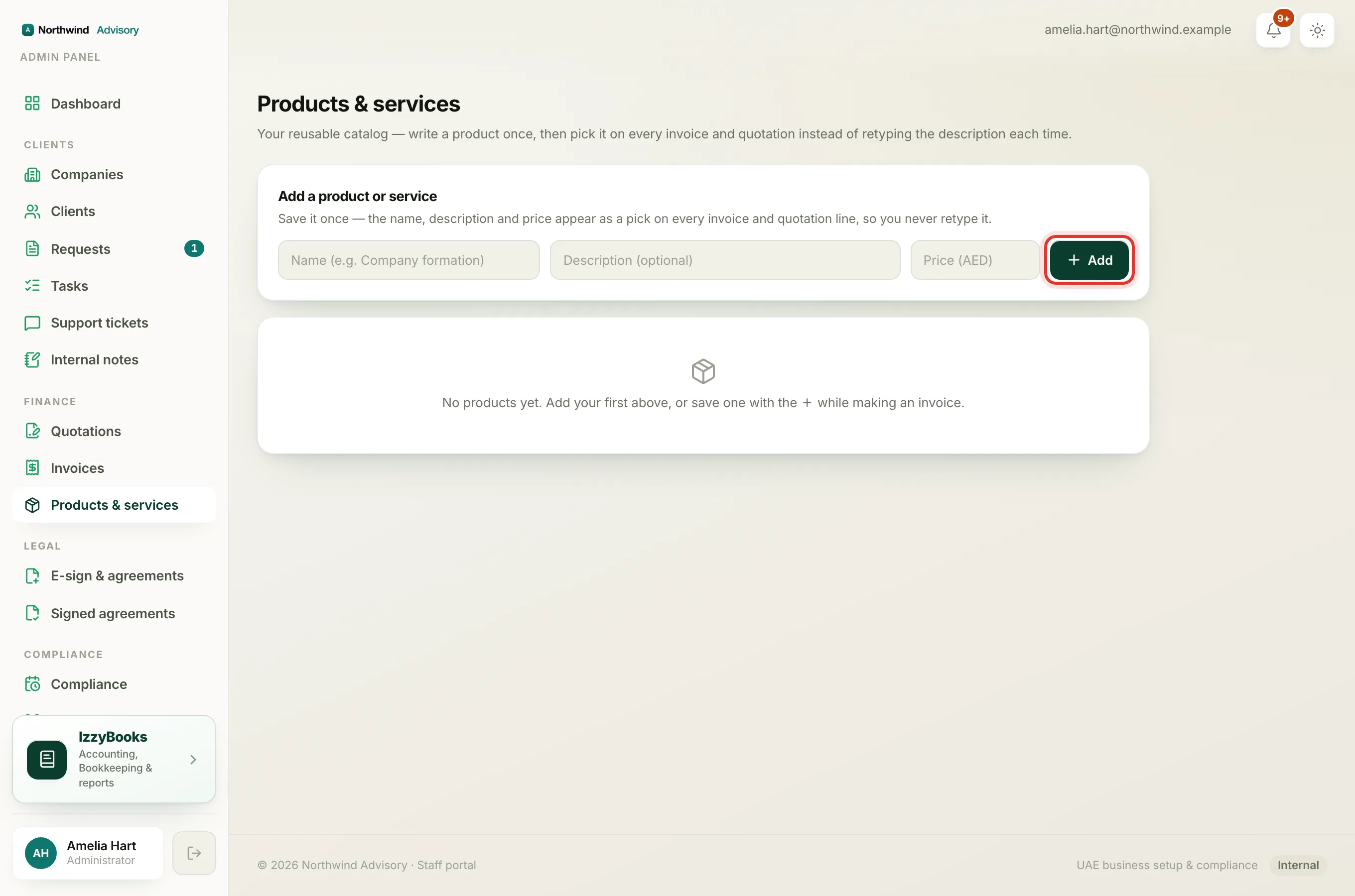 The Products and services page with the add form and the saved list