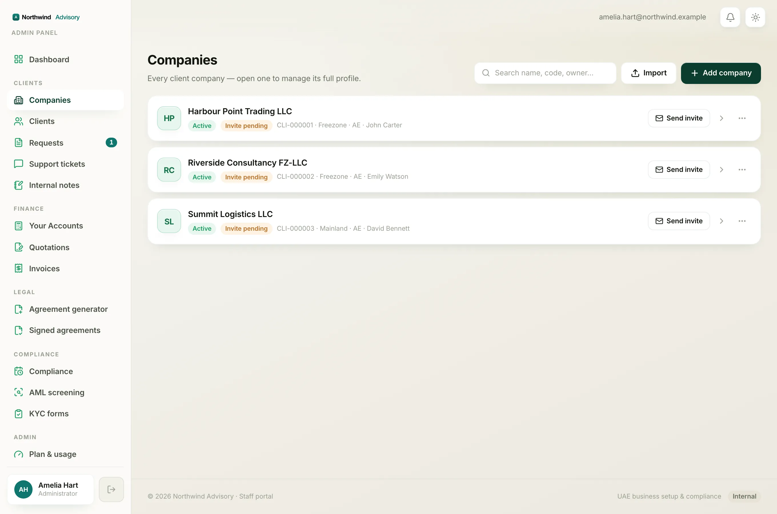 After the lead accepts, their new company workspace appears in the Companies list like any other client.