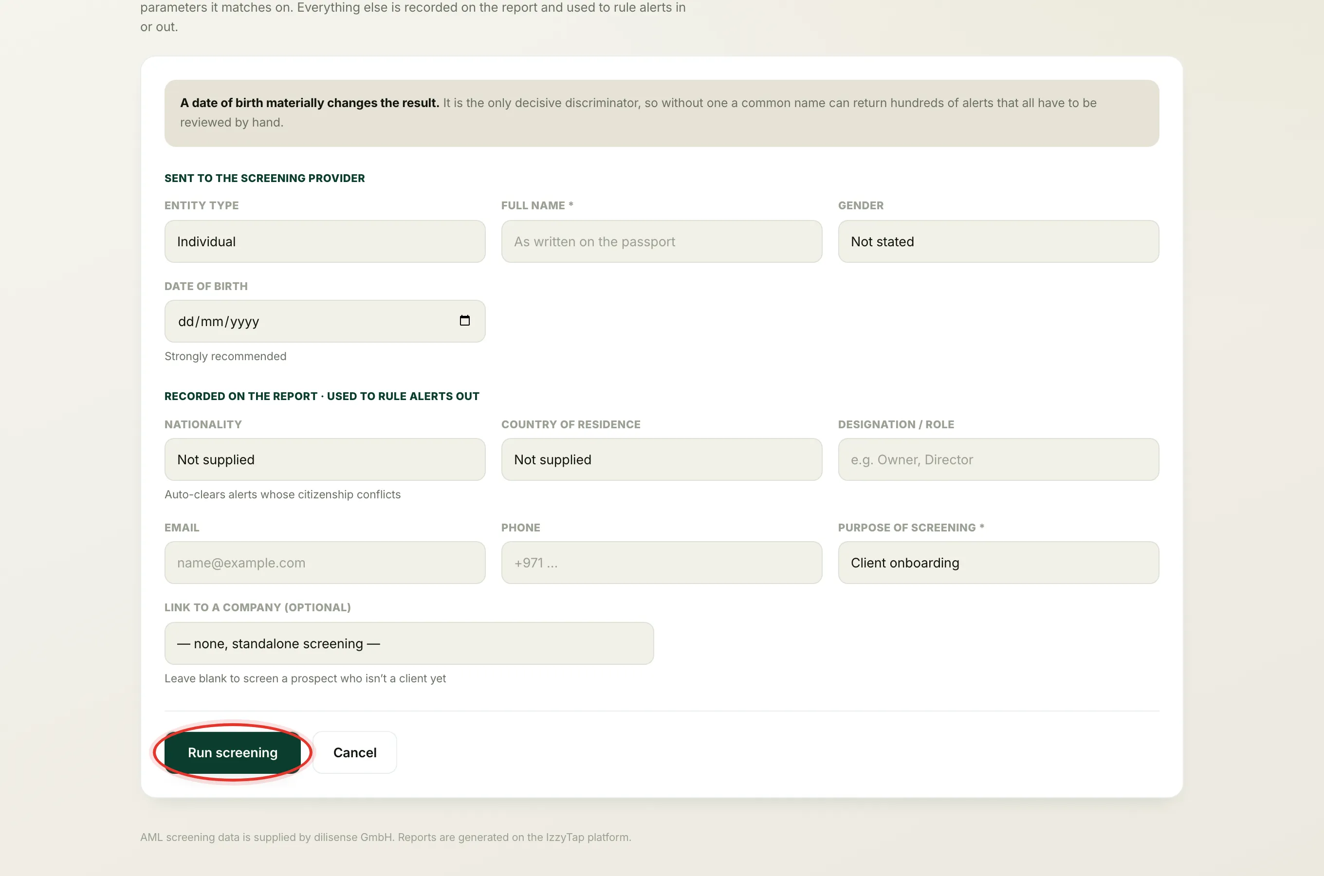 The new screening form where you enter the name, date of birth and purpose before running the check.