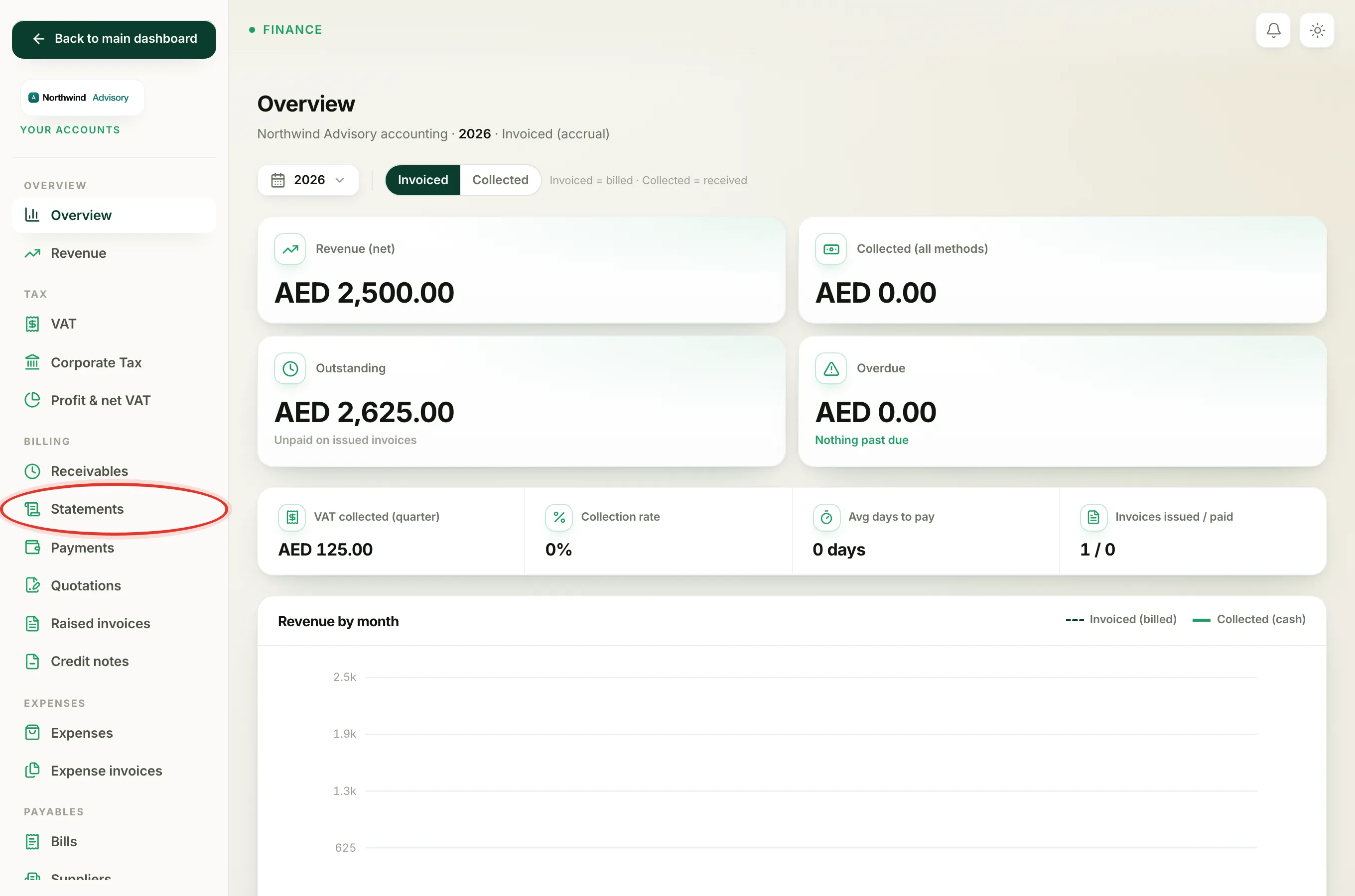 The accounts menu with the Statements link under Billing.