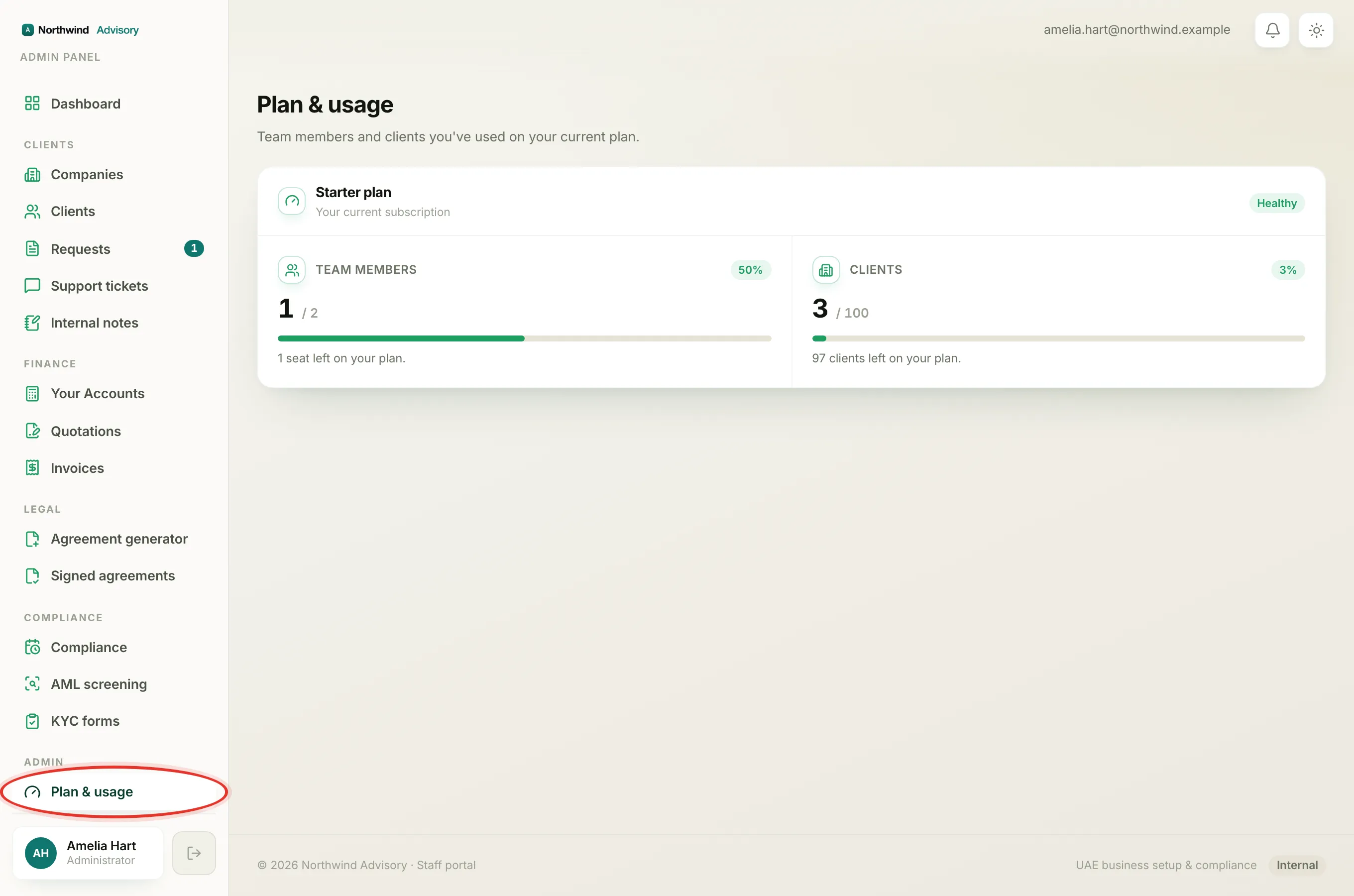 Open Plan and usage from the Admin group in the left menu to see your current plan and its limits.