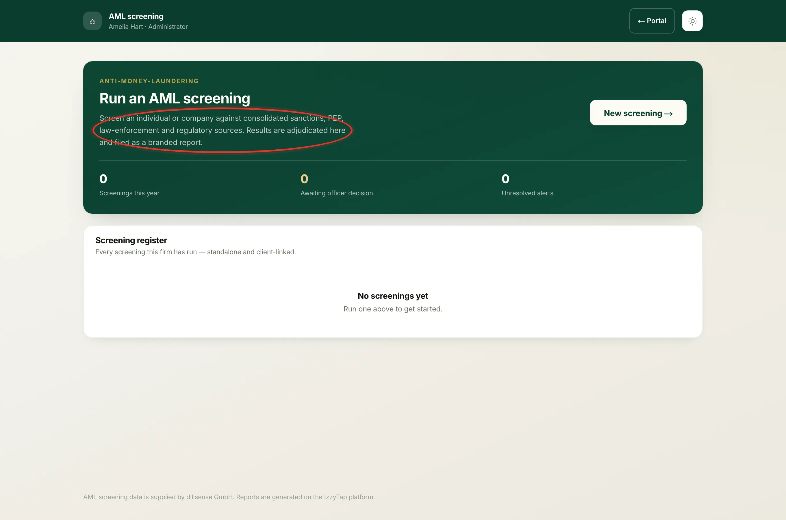 The Screening register. The Report button on a row, which downloads that screening's PDF, is circled.