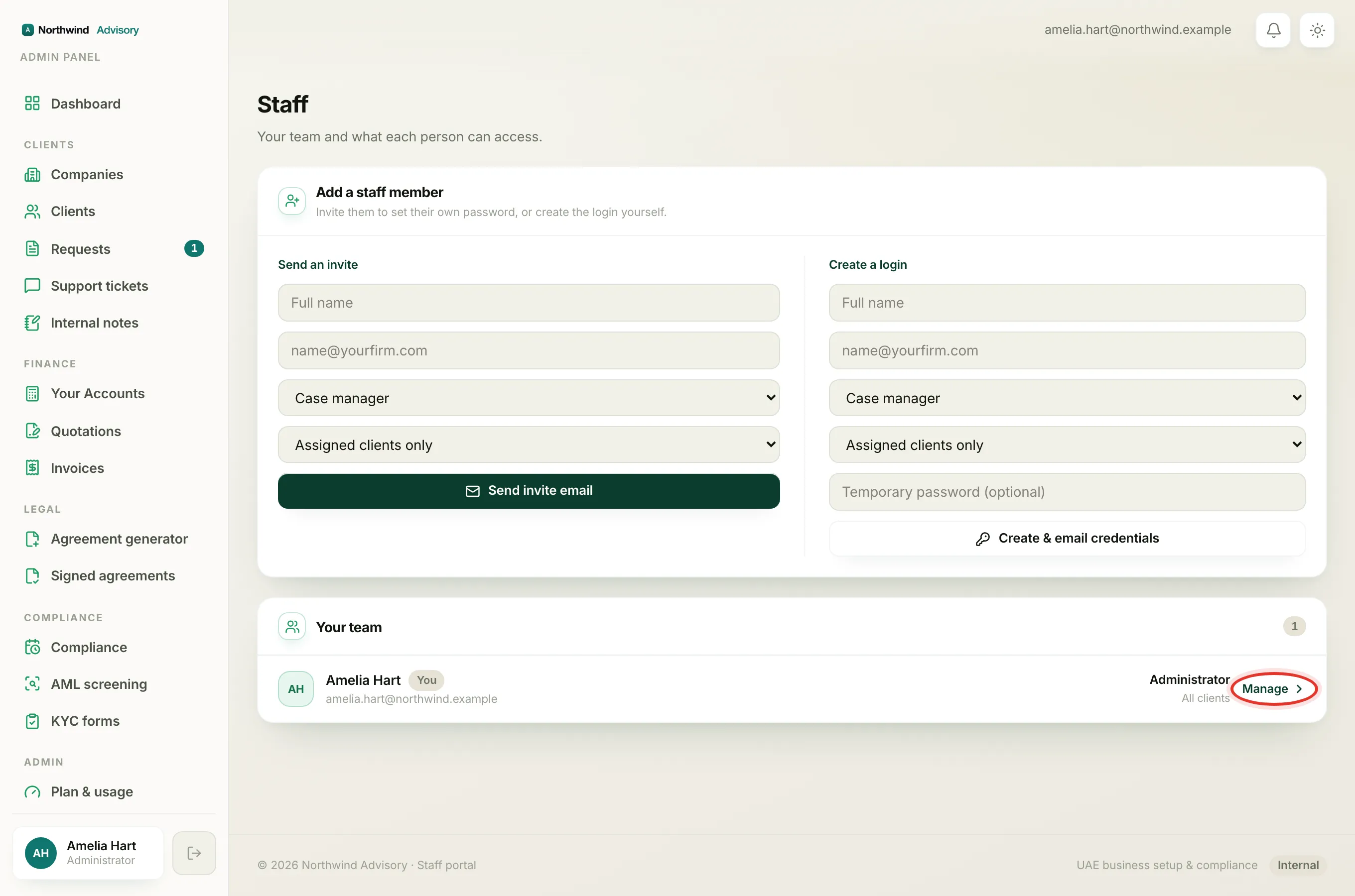 Open the departing teammate from the Your team list with Manage to reach the Access panel and hand over their work.