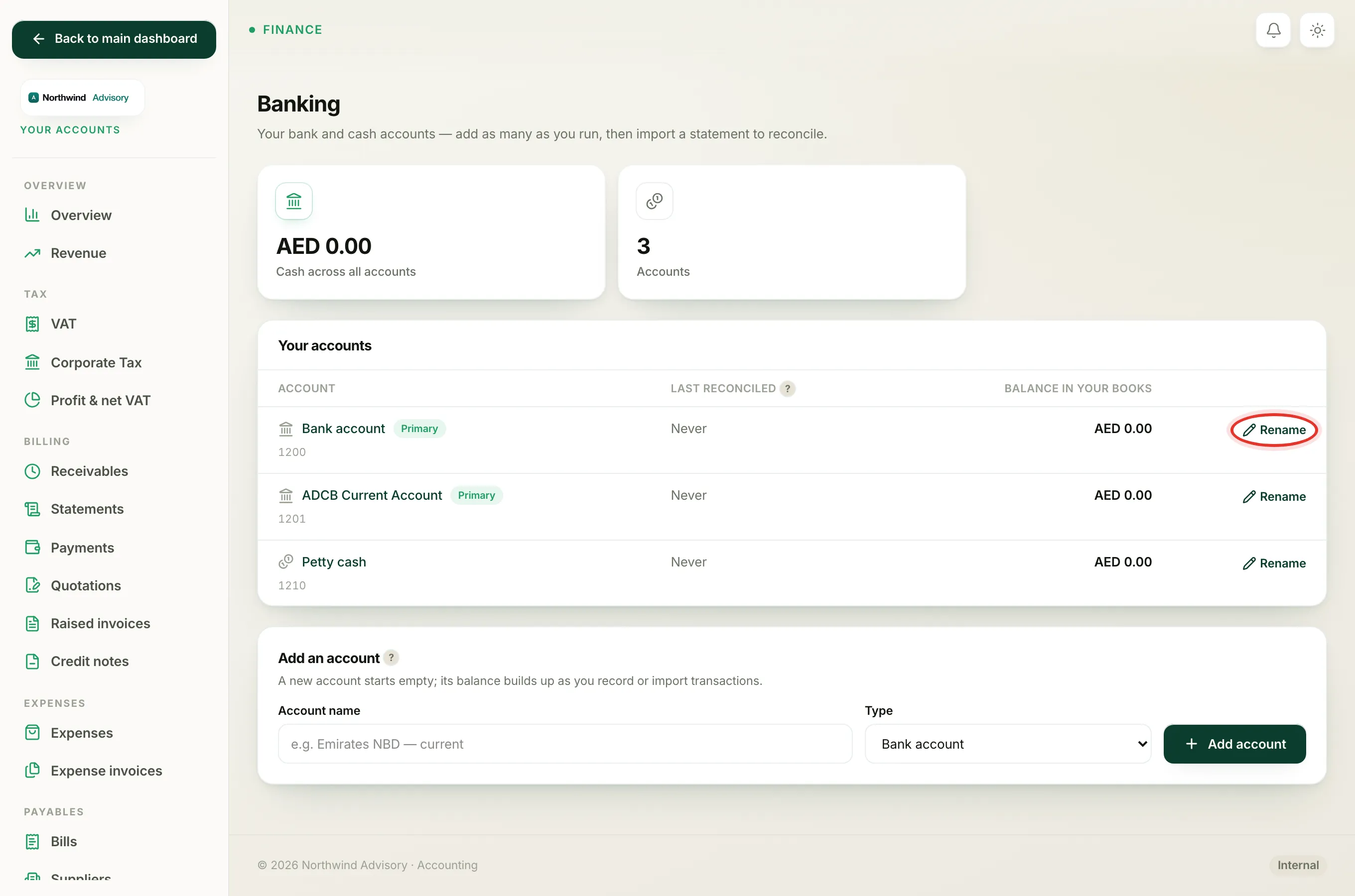 Click Rename on an account row to open a small box where you type the new name and click Save.