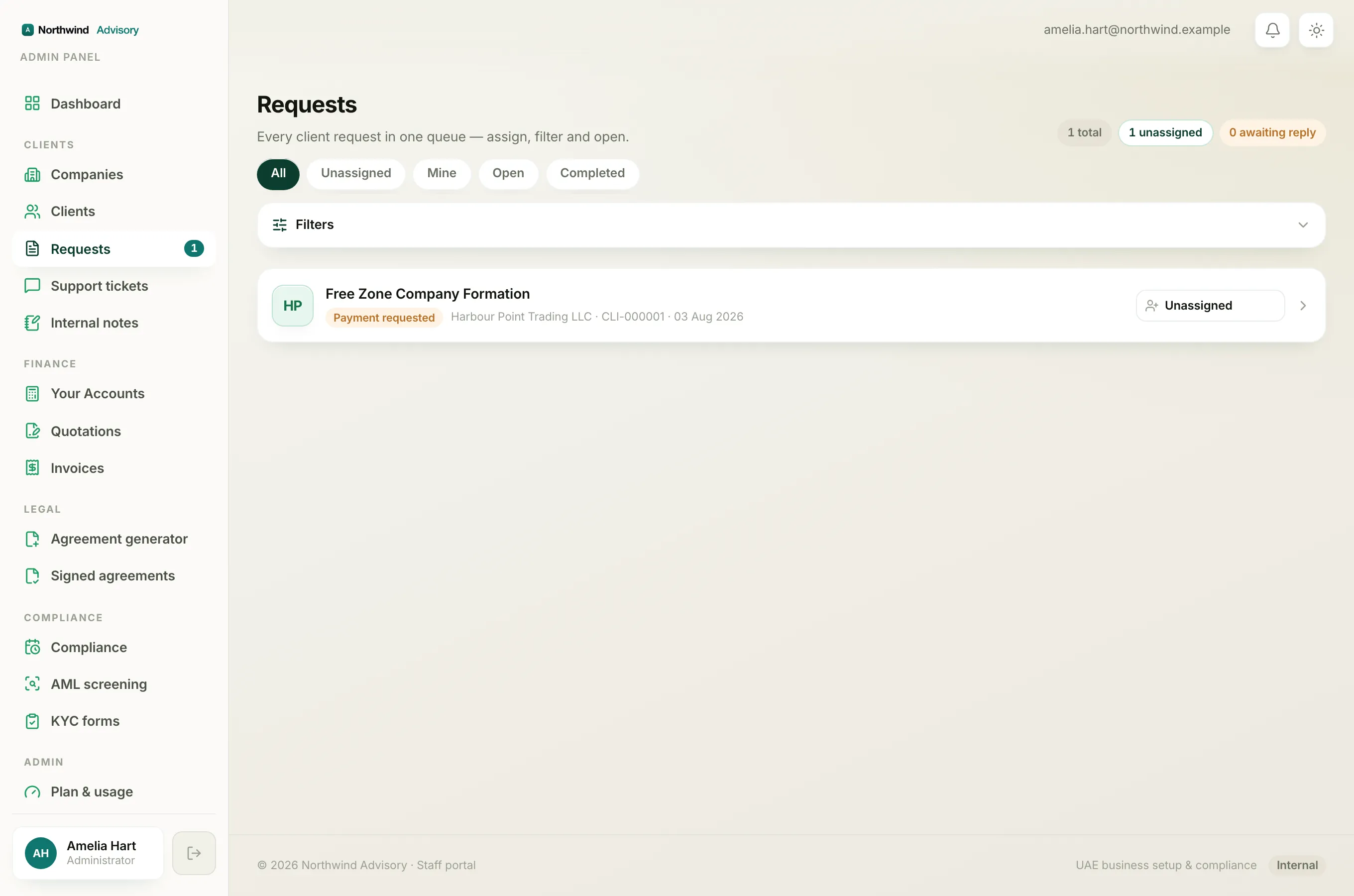 The Requests list where every request shows a coloured status pill telling you the stage it has reached.