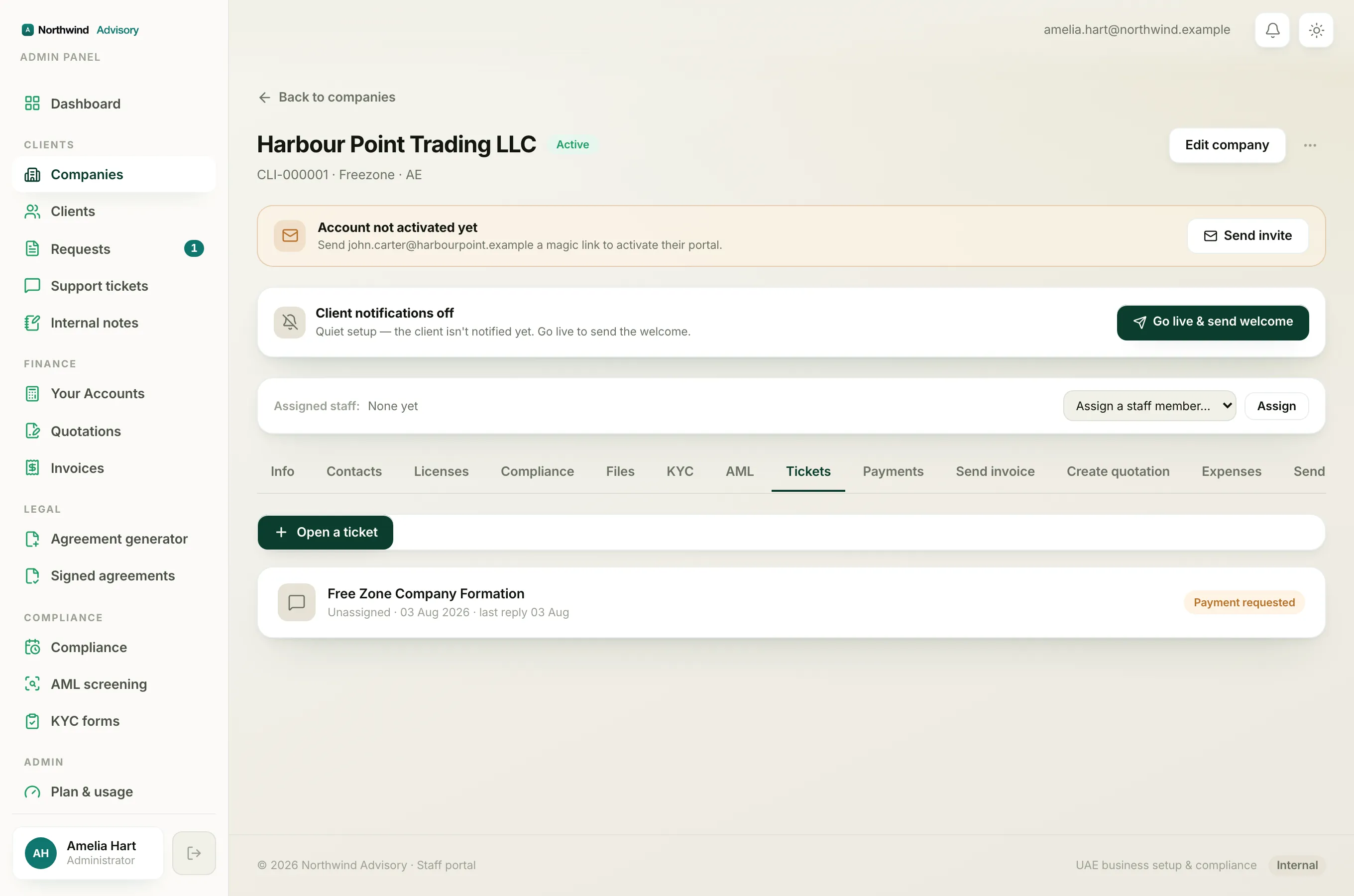 A single request open on the company's Tickets tab, showing the Documents, Payment, Review and Completed stages.