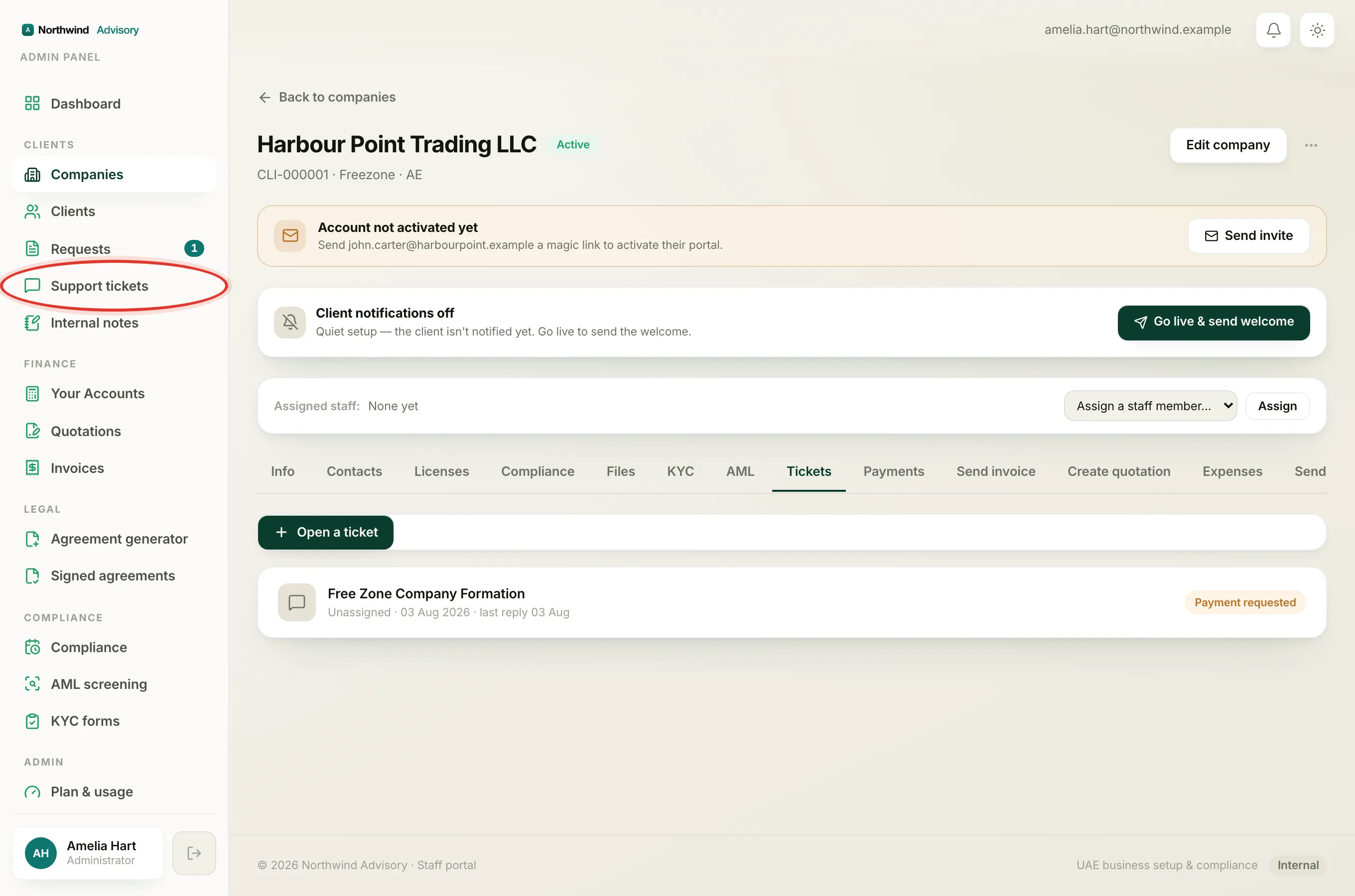 The Tickets tab on a company, where the request conversation with the client lives.