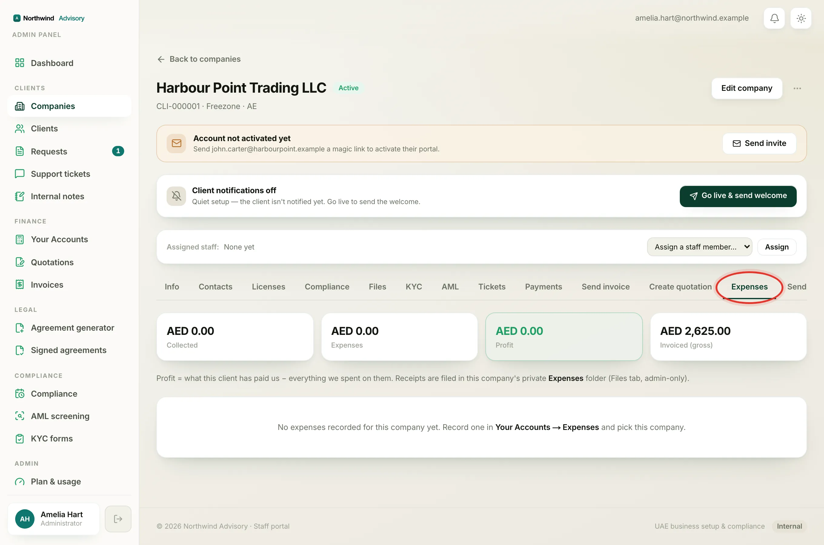 The company profile with the admin-only Expenses tab selected.