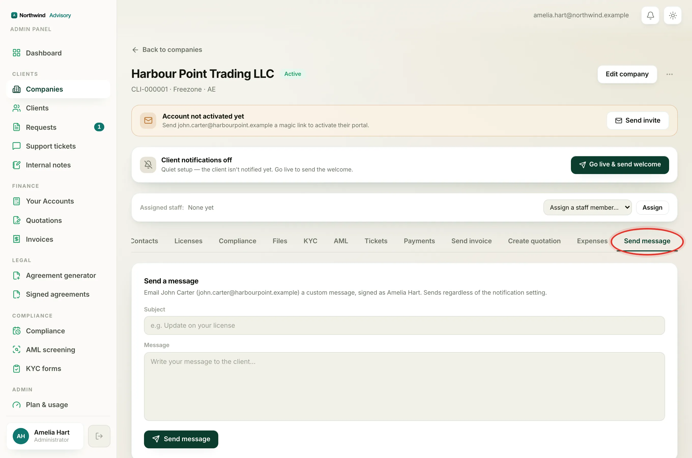 The Send message tab on a company page, for a one-off note without a request.