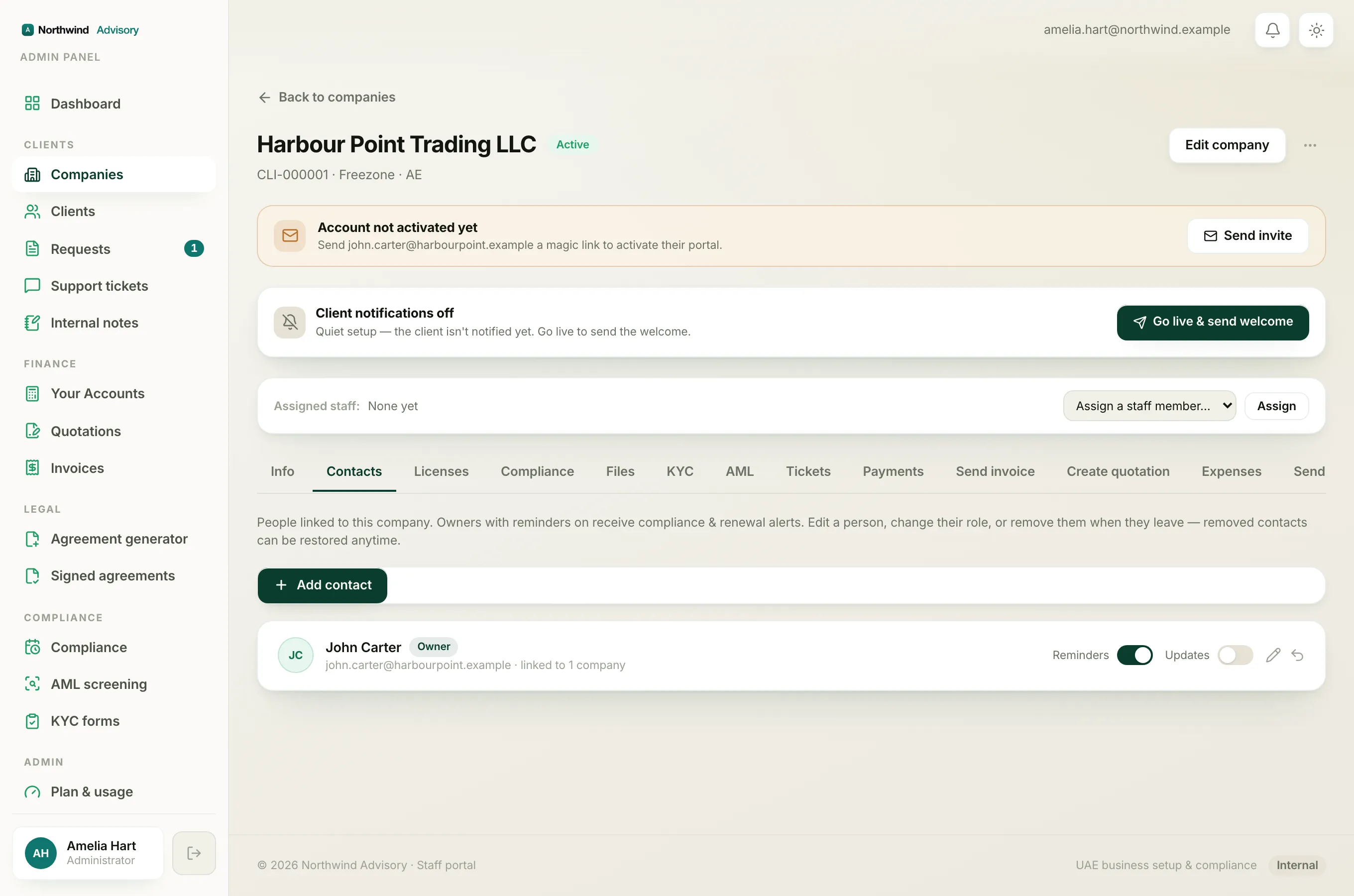 The Contacts tab, where you add any missing people before sending KYC to all.
