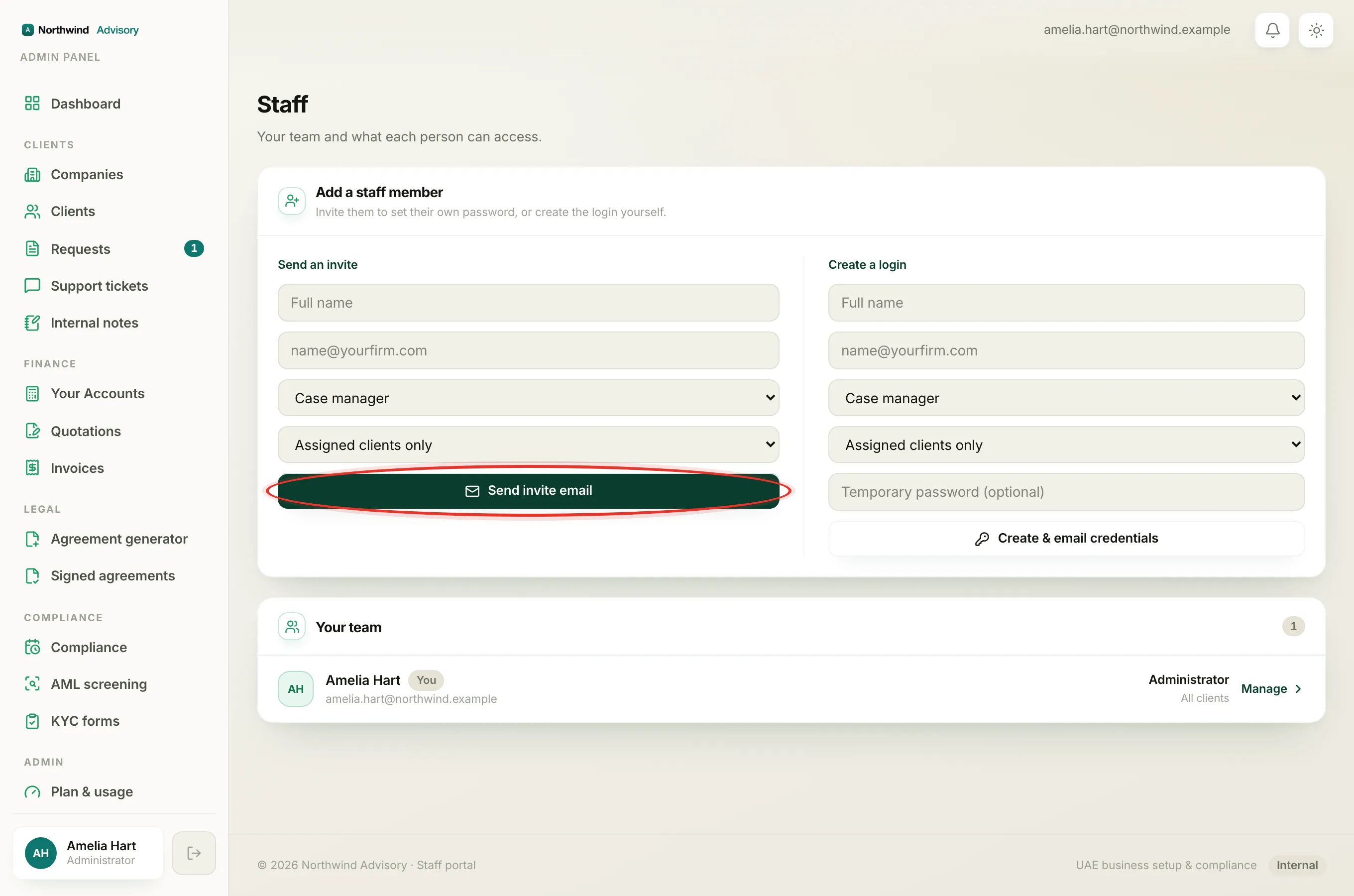 Add a teammate as an AML compliance officer from the Staff page and send them the invite email.