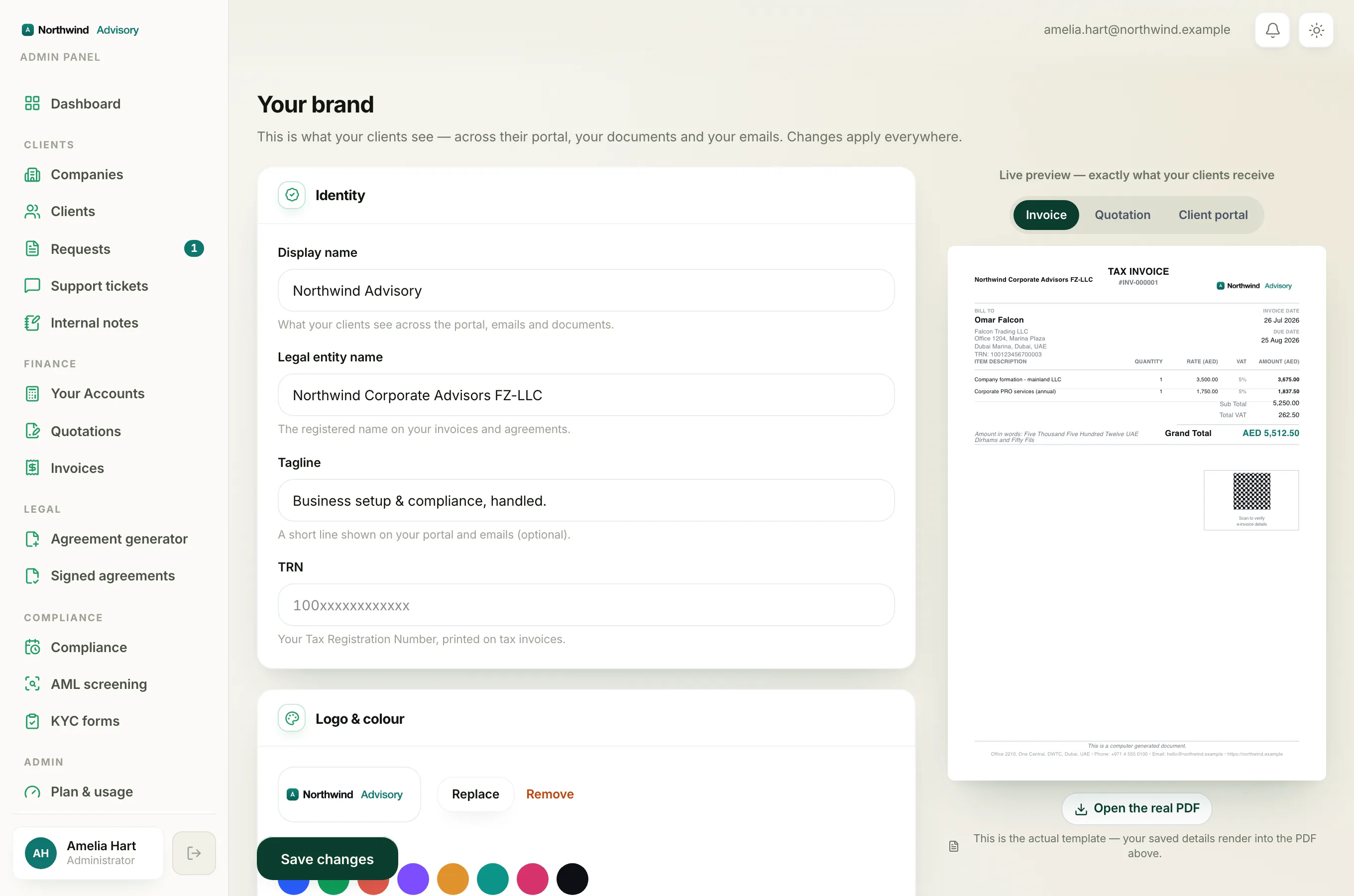 The Payments and documents card for your bank details, default payment terms and footer note.