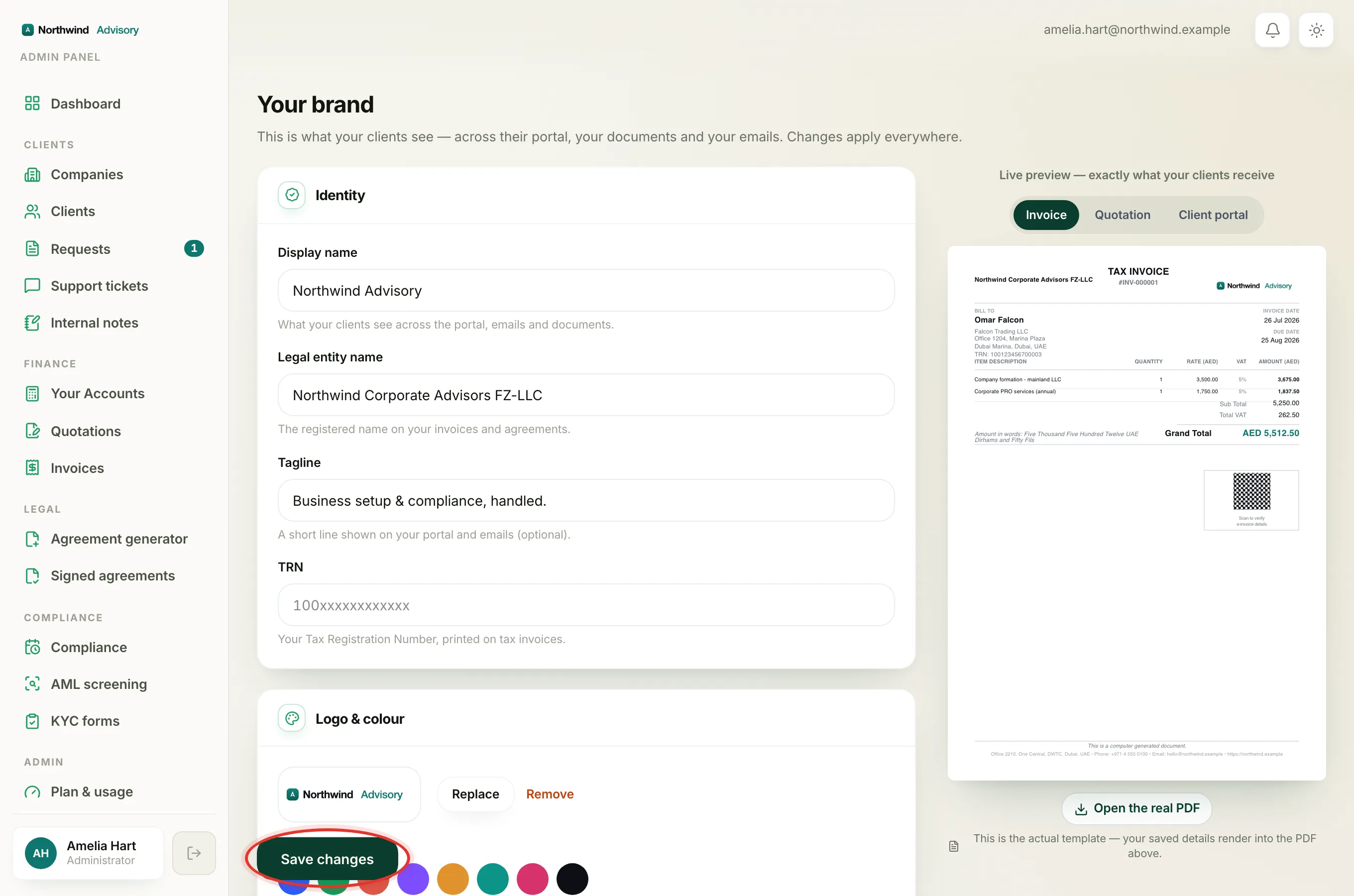 Click Save changes, then use the Live preview to see your letterhead on a real document.