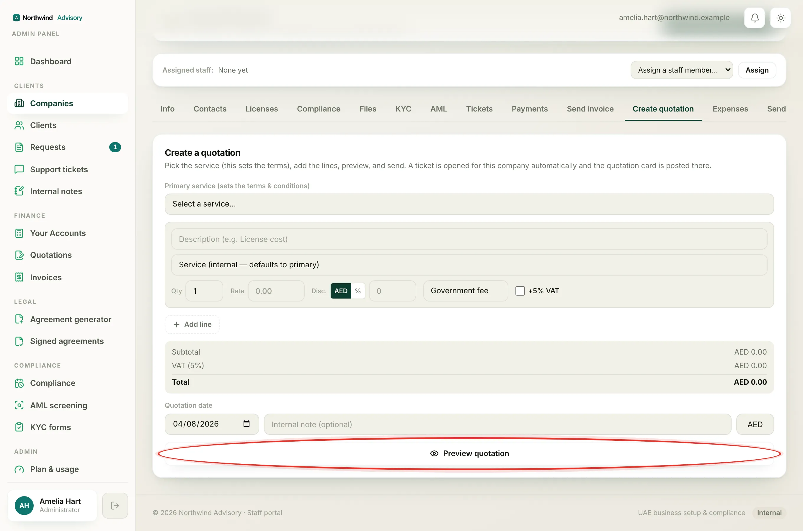 The quotation builder, where Preview and Send are blocked until your firm's legal name is on file.