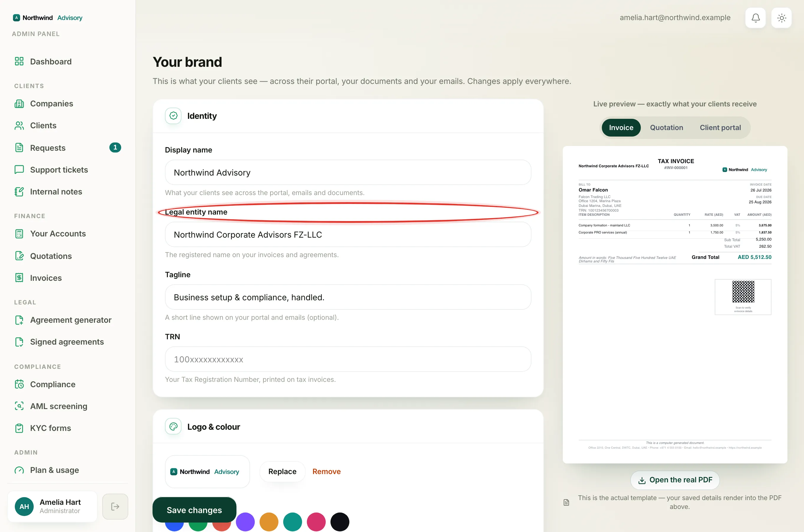 The Brand settings screen, where you enter your firm's registered legal entity name.