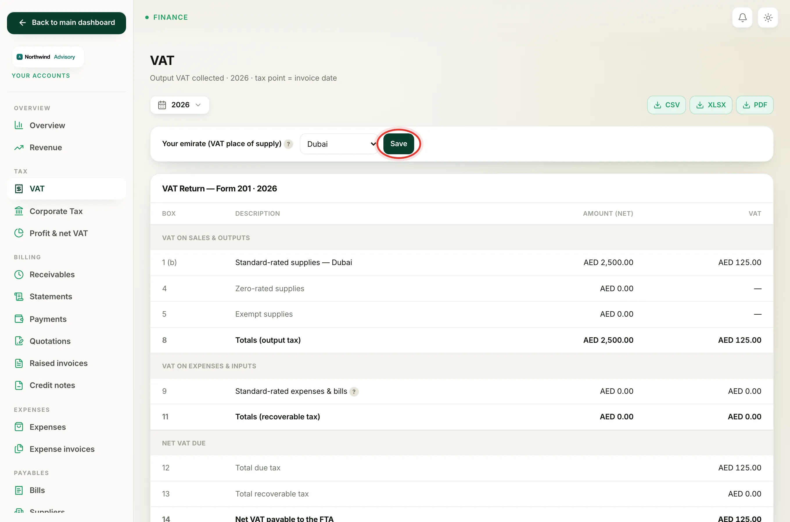 The Your emirate place of supply bar where you choose your emirate from the dropdown and click Save.