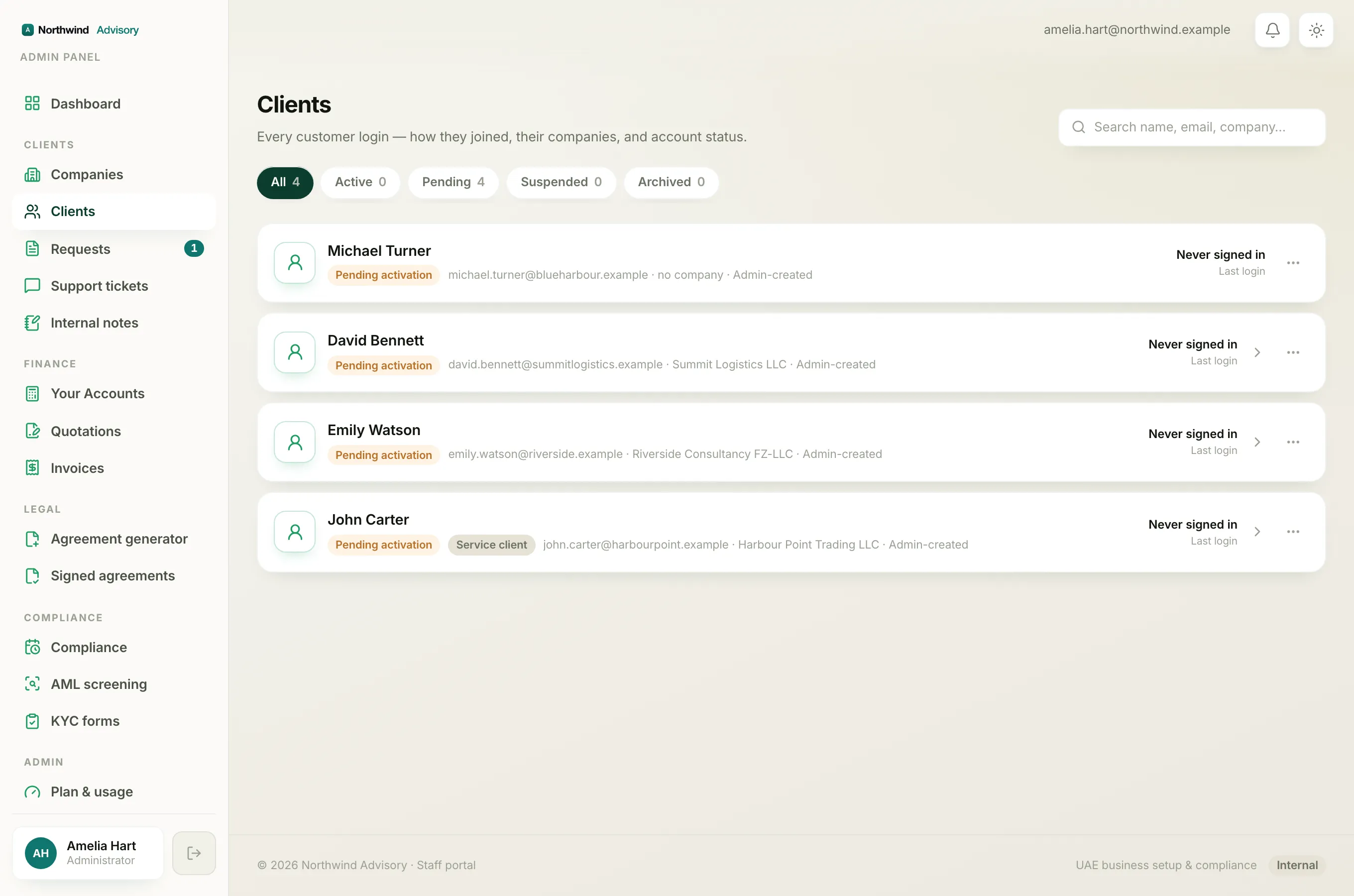 The firm's Clients list, where staff can see each client's sign-in and activation status.
