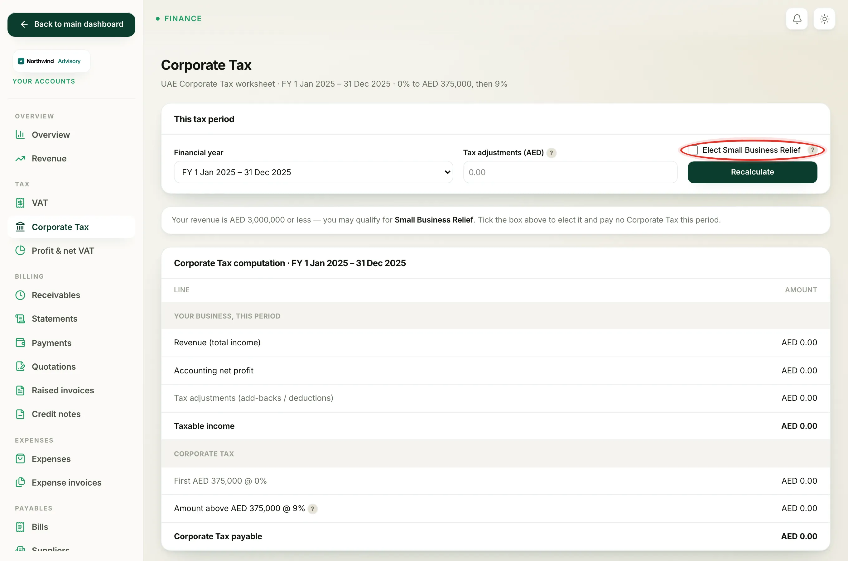 The Elect Small Business Relief tick box in the This tax period panel.
