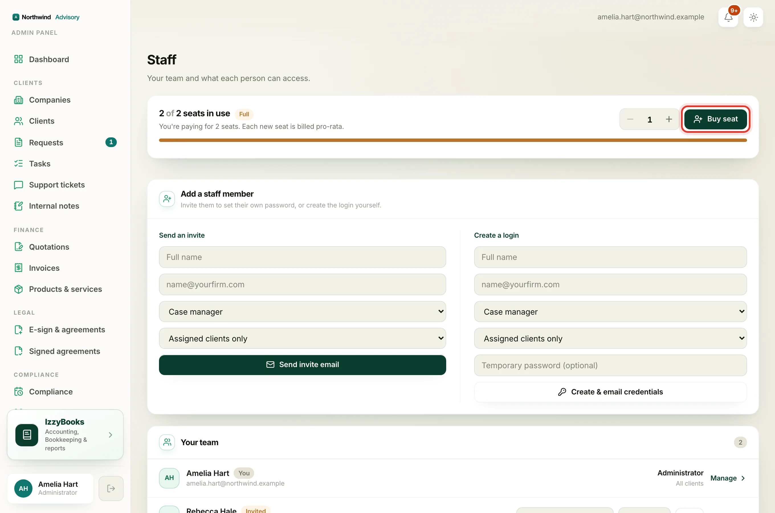 The seat manager on the Staff page with the buy and reduce controls