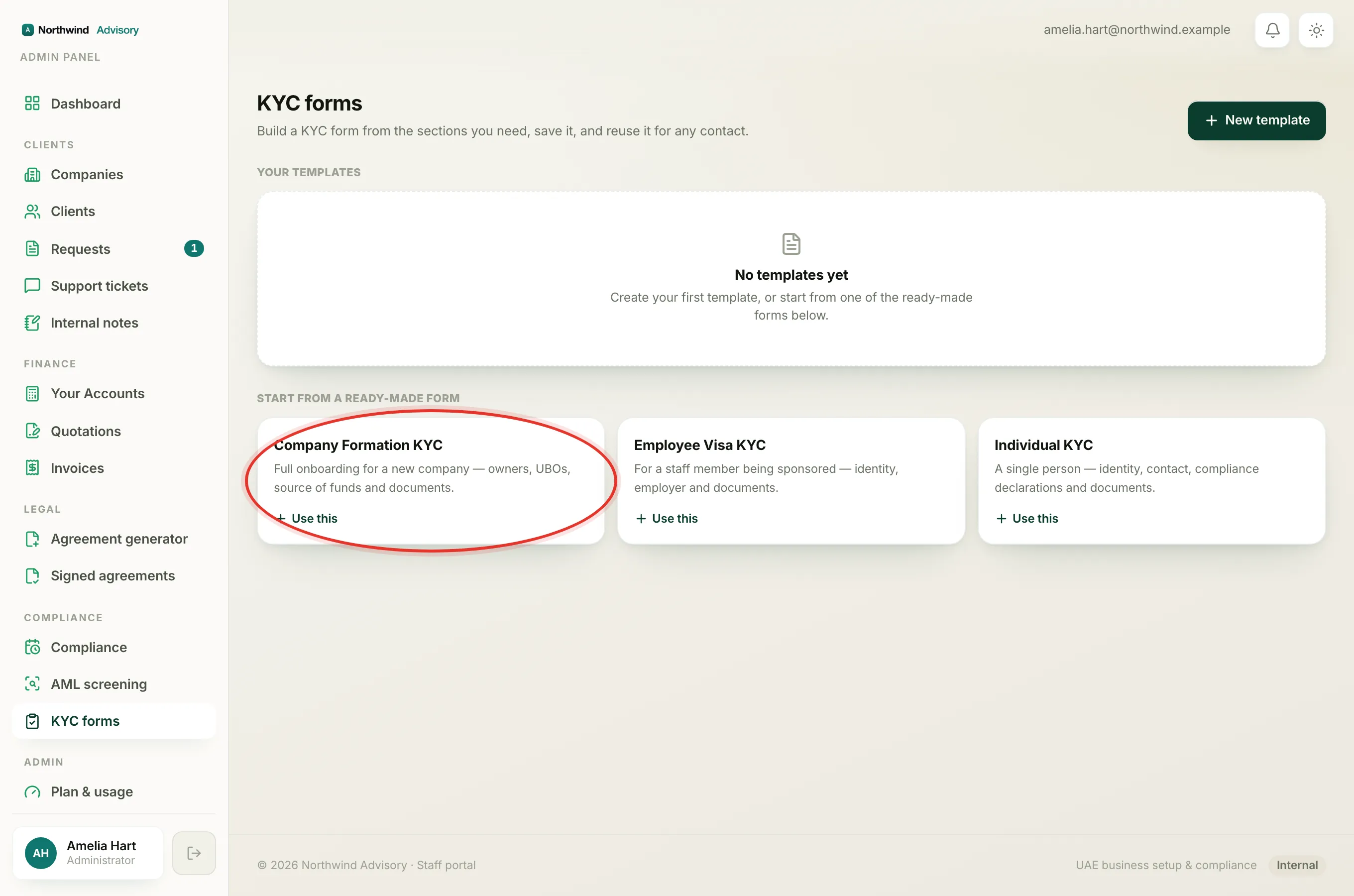 The three ready-made KYC form cards, each with a Use this link to open it in the builder.