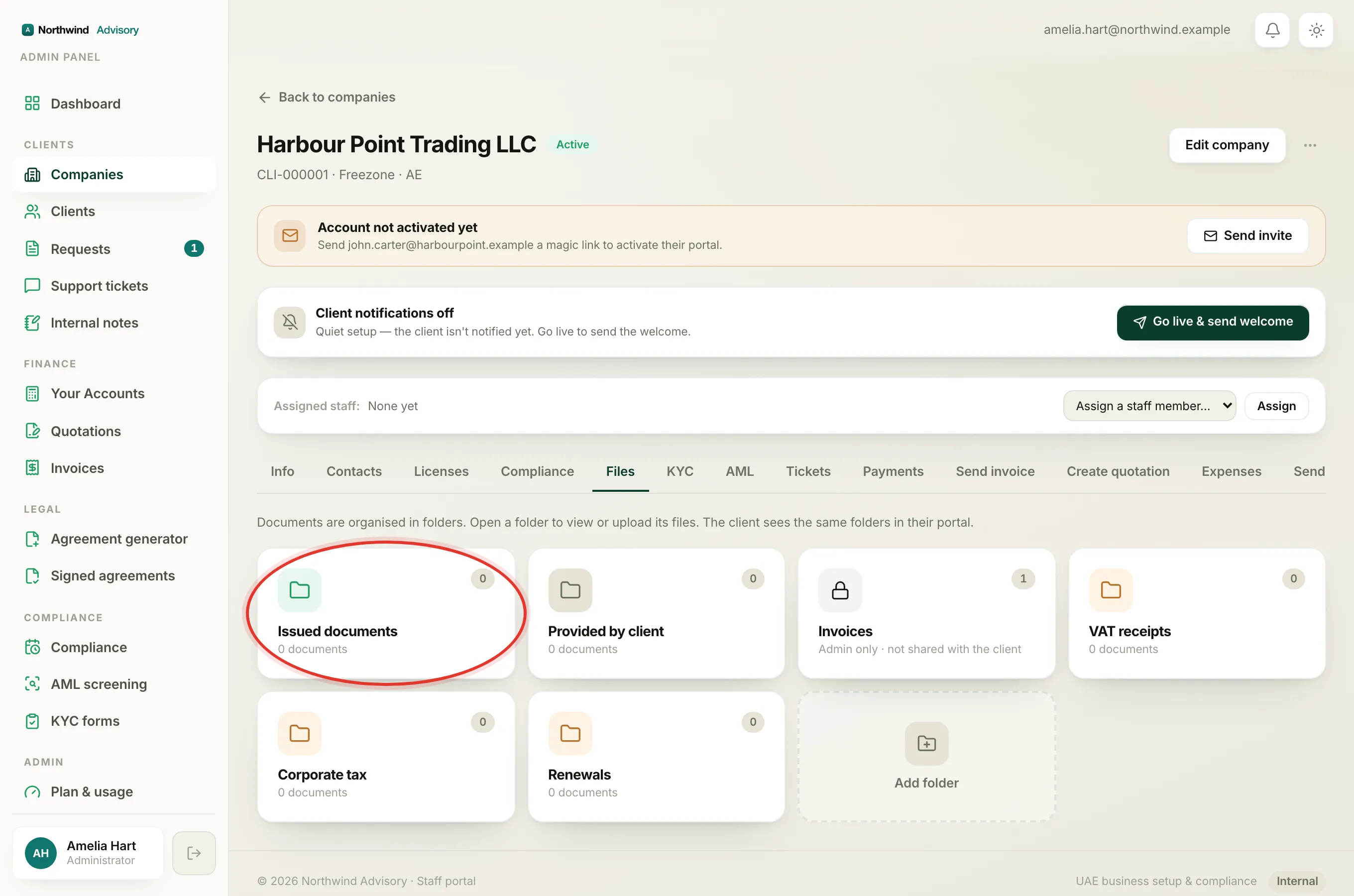 The Files tab on a company profile, showing the Issued documents folder.