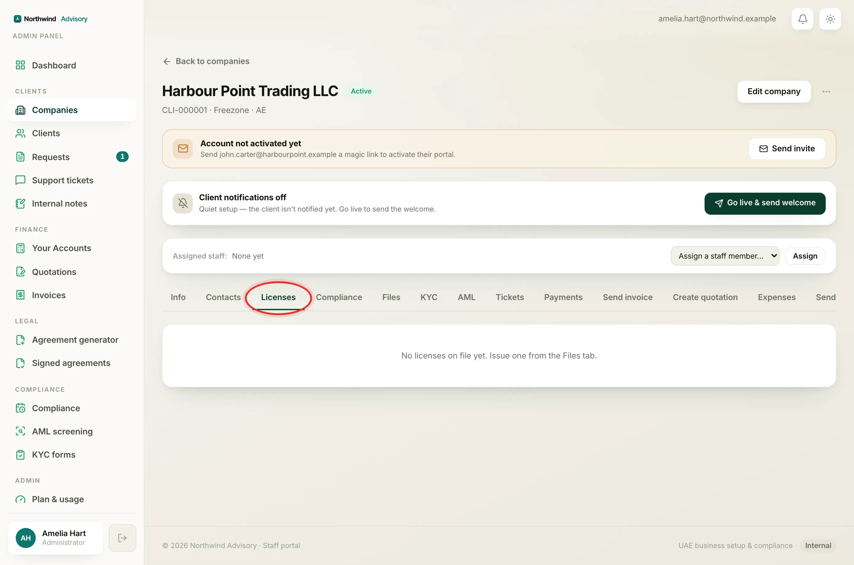The Licenses tab, showing the stored licence with its issue and expiry dates and a days-left countdown.