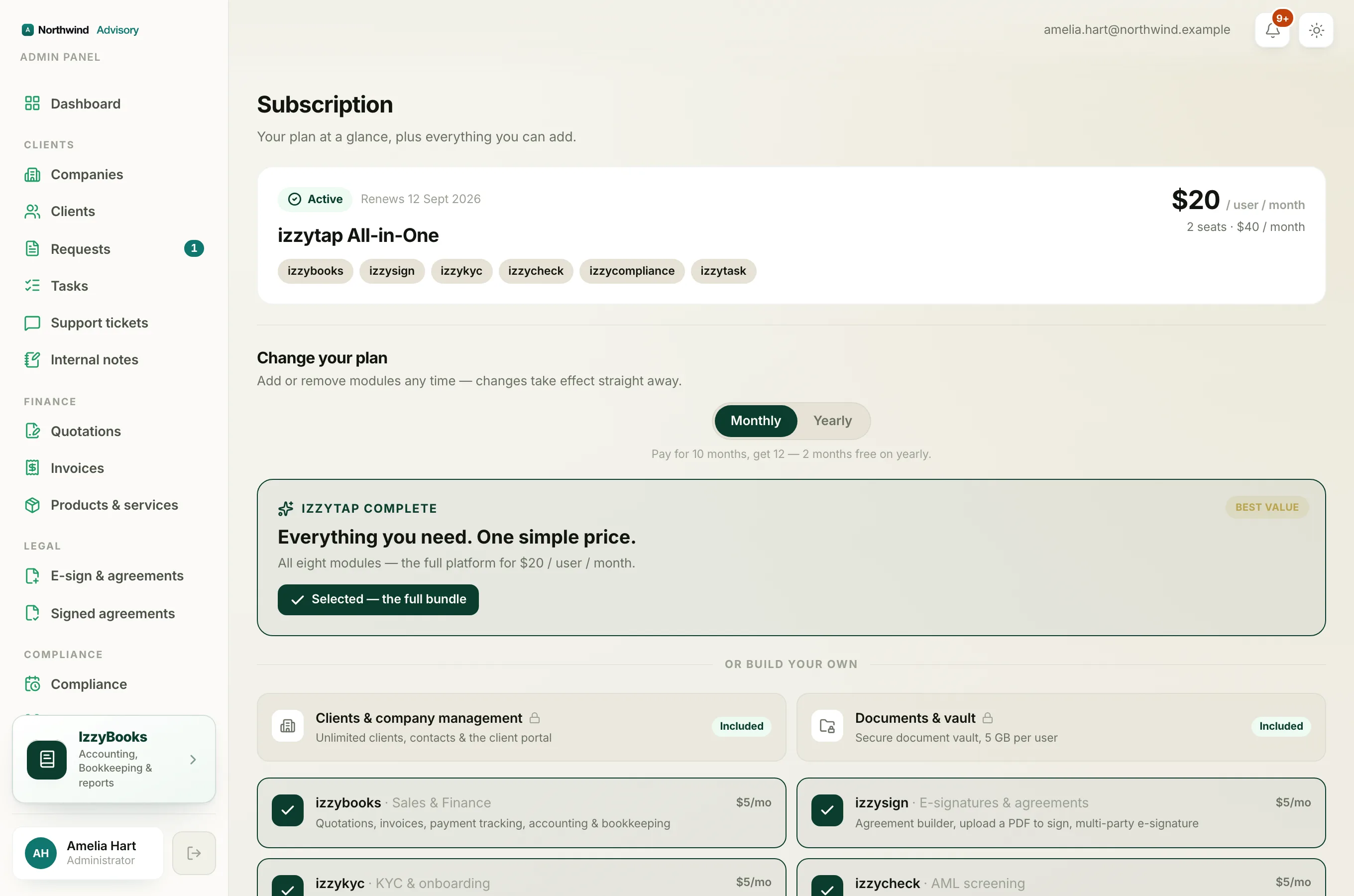 The Subscription page with your current plan and the plan builder