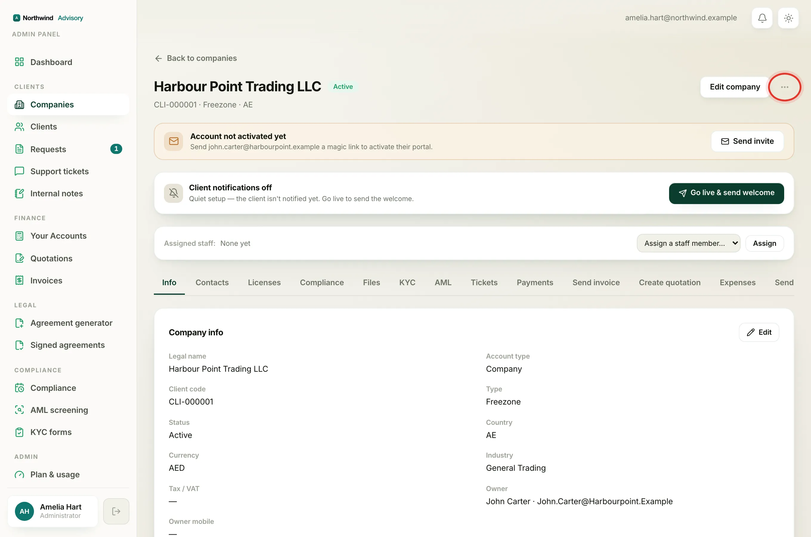 The Actions menu at the top of the company page where Suspend company lives.
