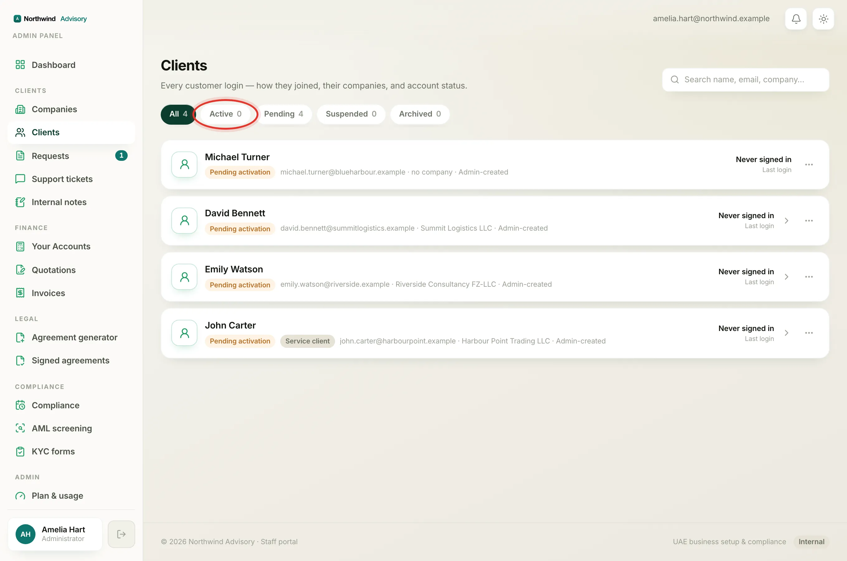 Open the Active tab to find the person whose login you want to pause.